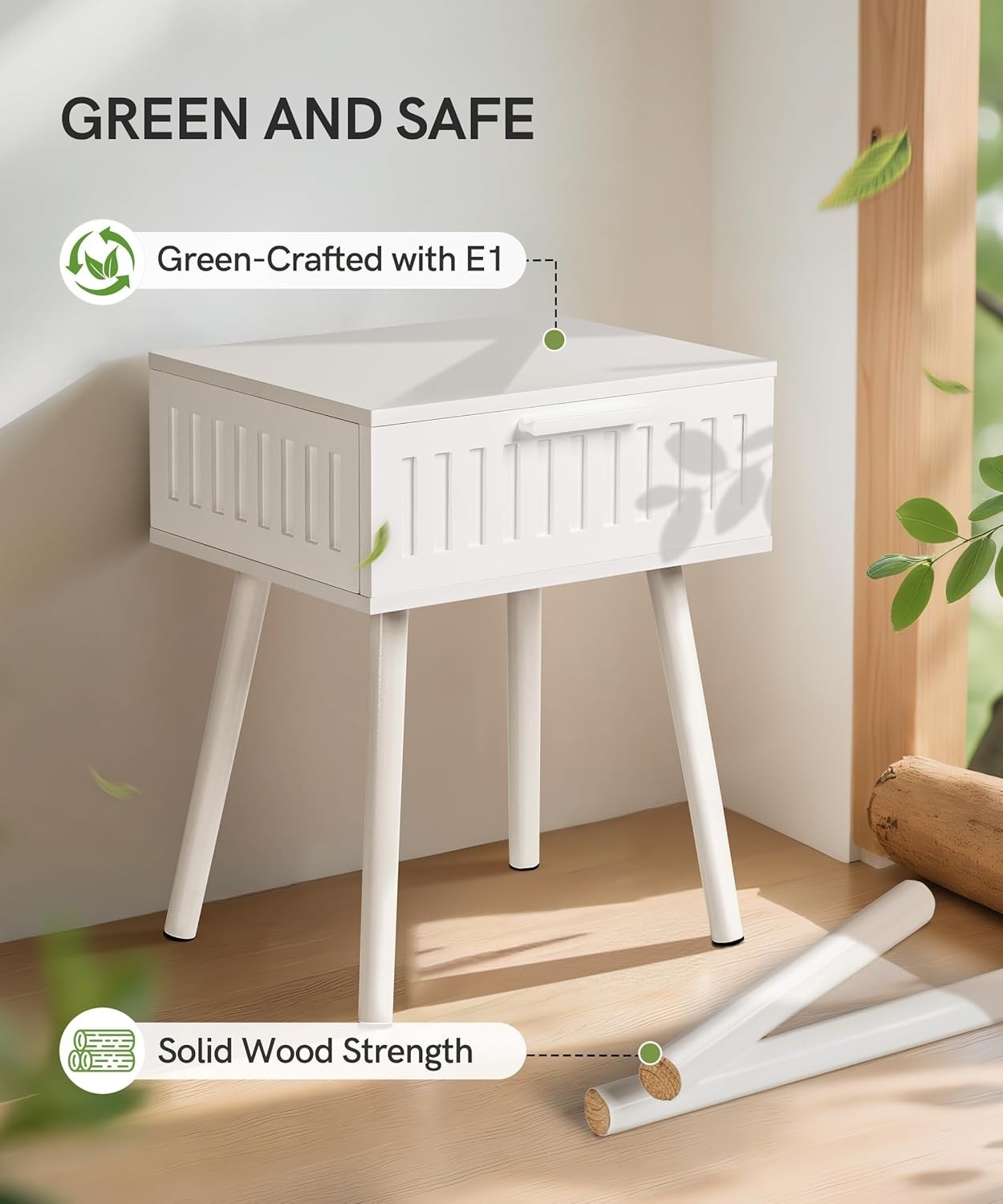 Modern White Bedside Tables Set of 2 with Drawer, Solid Wood Legs 50x45x16cm