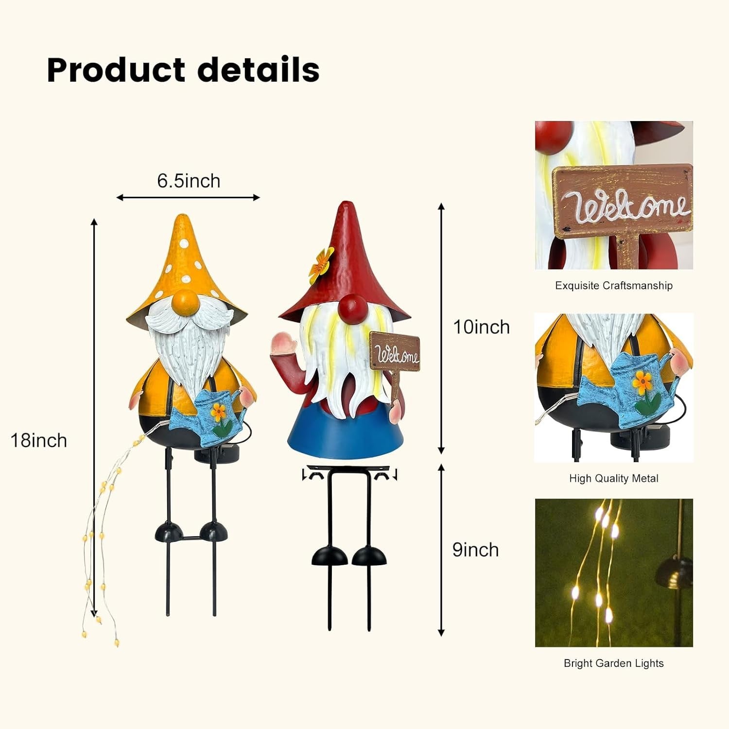 Solar Gnome Garden Ornaments Set of 2 Metal 18" Outdoor LED Watering Can Statues