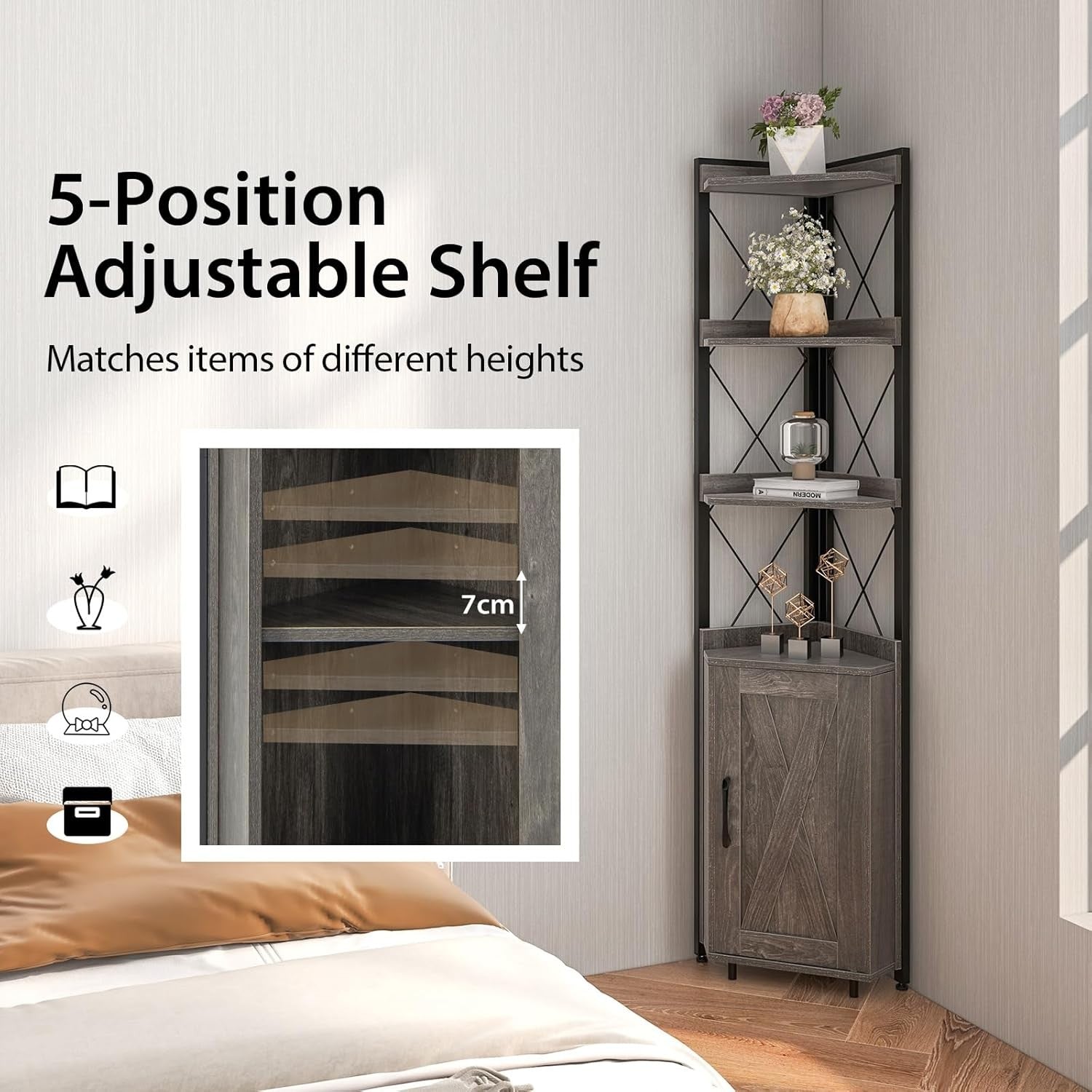 Grey 6-Tier Corner Bookcase Tall Freestanding Storage Shelf with Cabinet