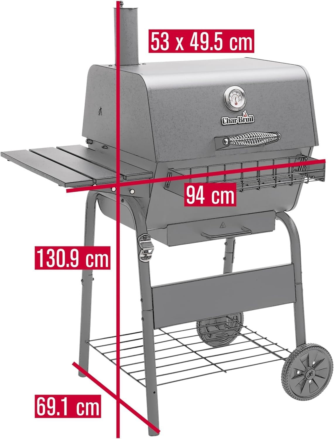 Large Charcoal BBQ Grill with Adjustable Grate & Side Shelf
