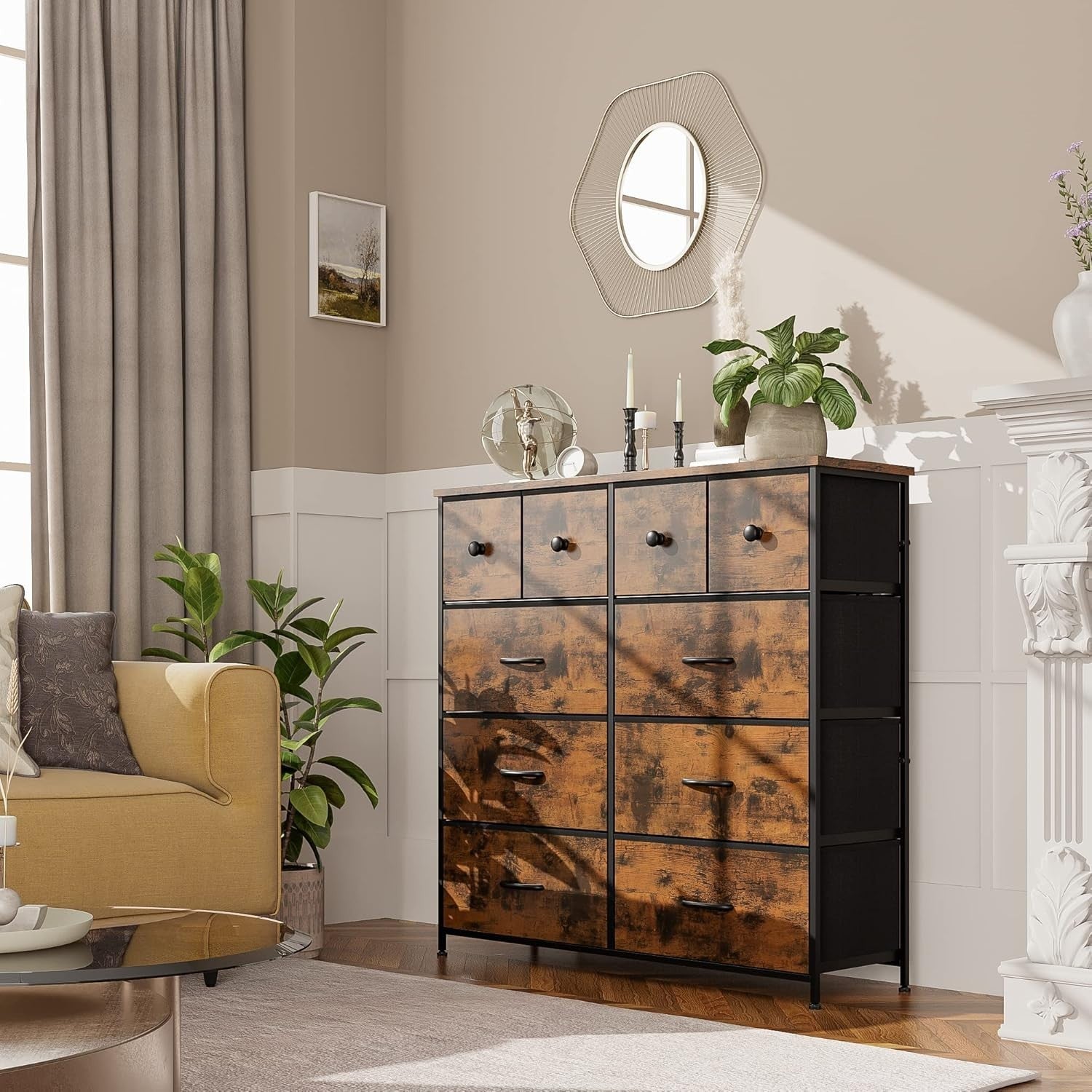 Rustic Tall Chest of 10 Drawers Storage Unit for Bedroom Hallway Closet