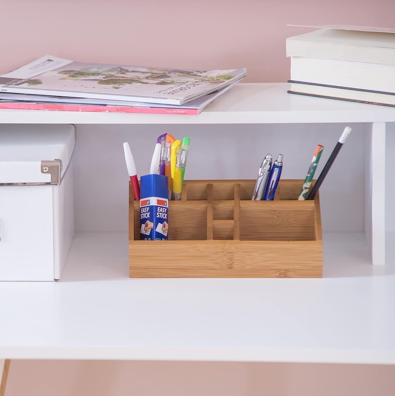 Bamboo Desk Organizer Pencil Holder 10 Compartments Office Storage Tray