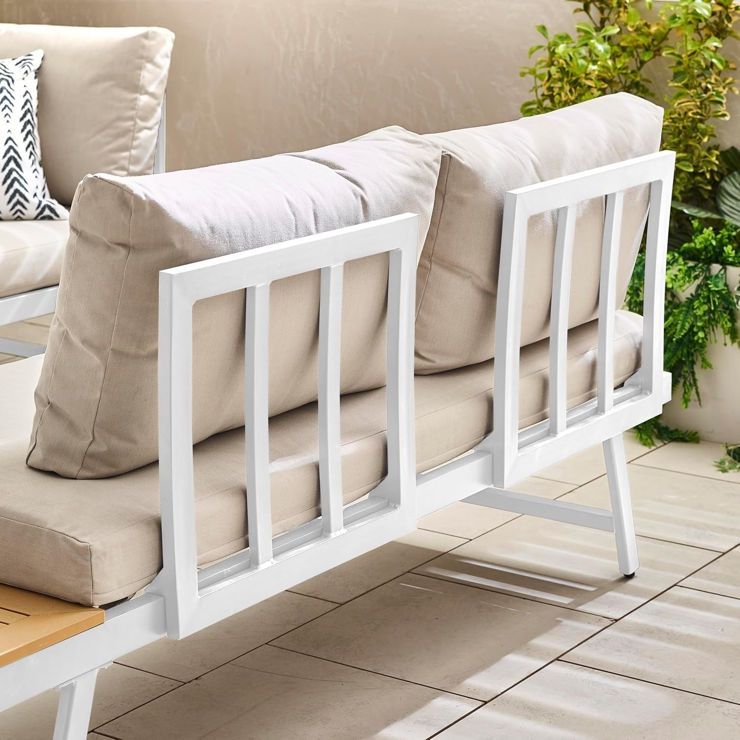 2-Seater Modular Garden Sofa Set White Metal & Rattan with Tables Outdoor