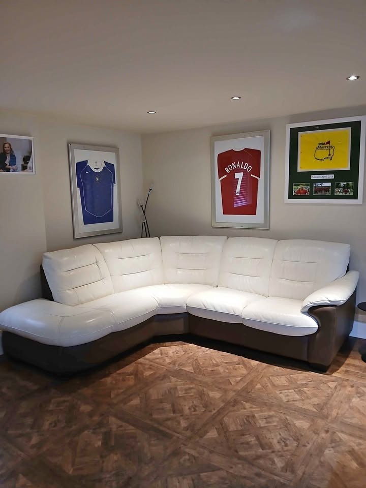Cream/Brown Leather Corner Sofa (PTP)