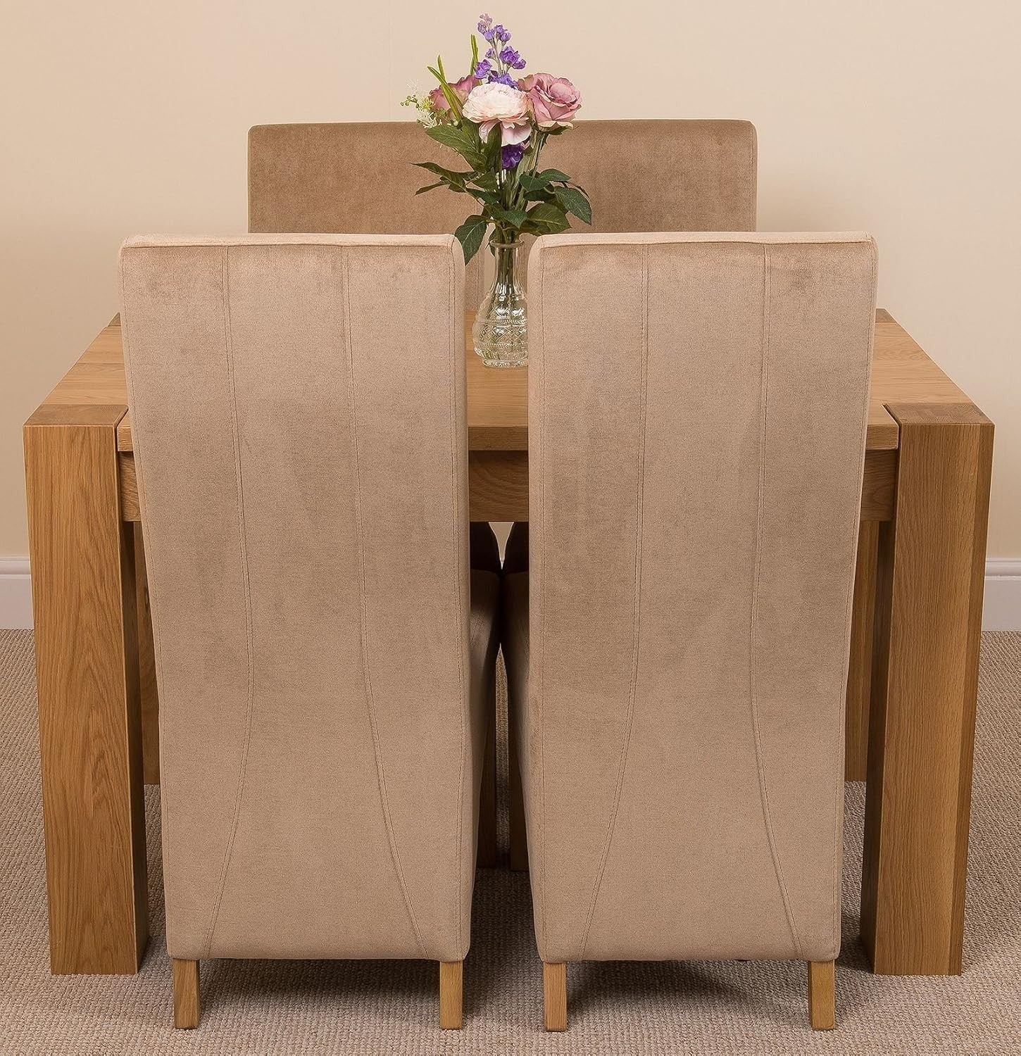 Solid Oak Dining Table Set 4 Beige Fabric Chairs Compact 125cm Contemporary