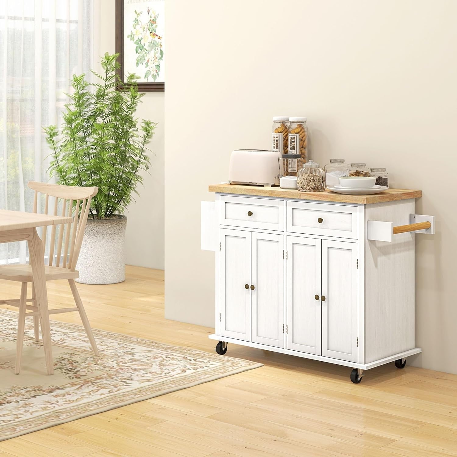 Kitchen Island Trolley on Wheels Storage Cabinet Drawers Shelves Wooden Top