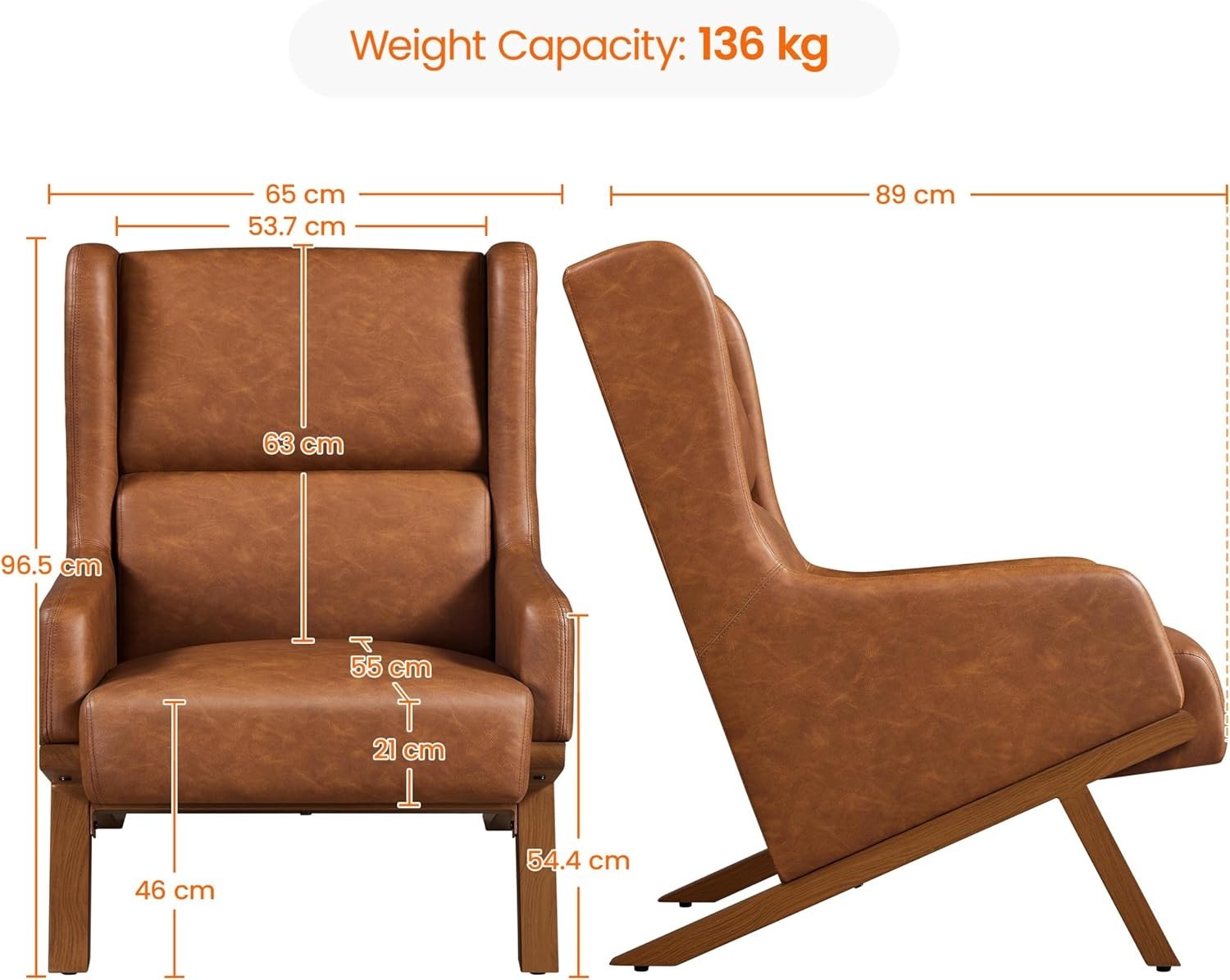 Brown PU Leather Accent Chair High Back Armchair for Lounge Office