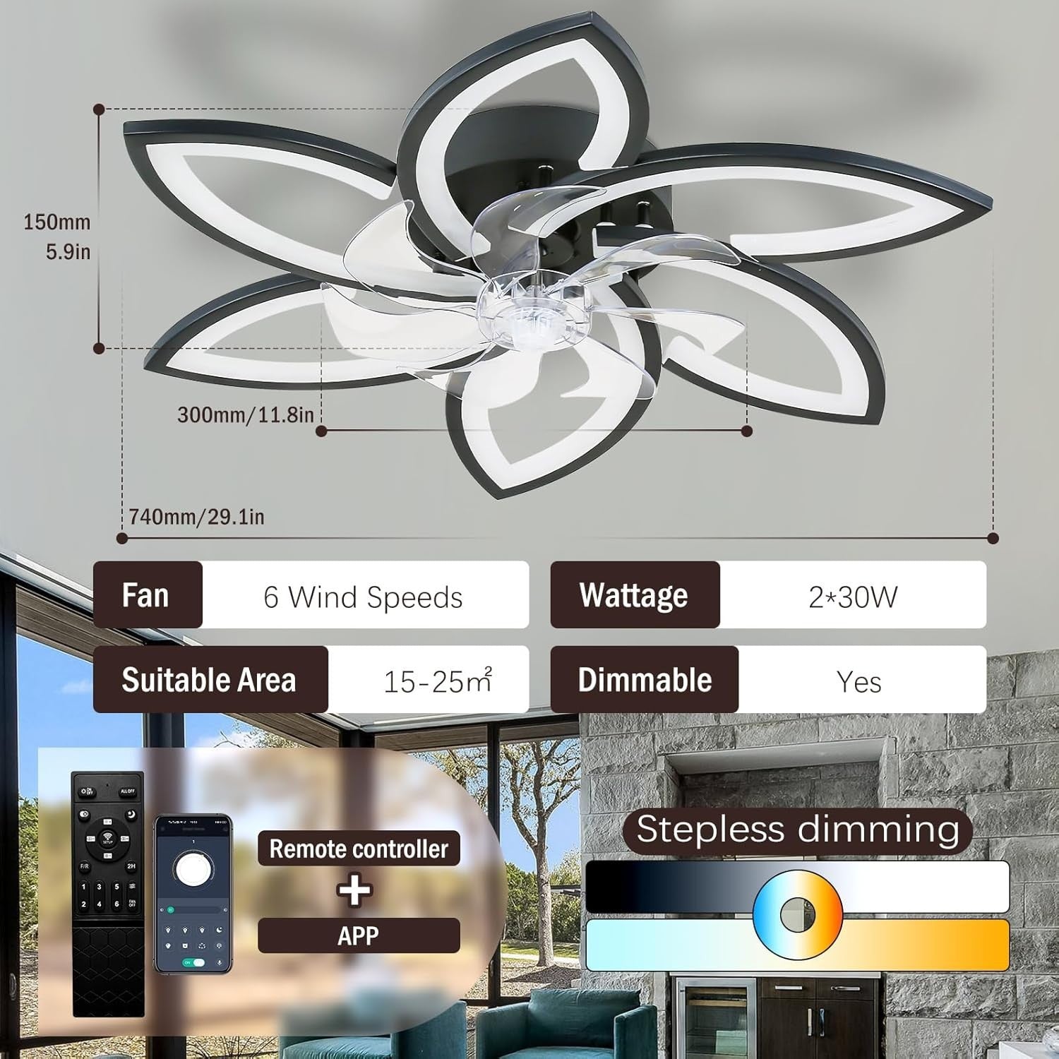 Ceiling Fan with Light, 6 Speeds, Dimmable, Flower Shape, 74 cm Black