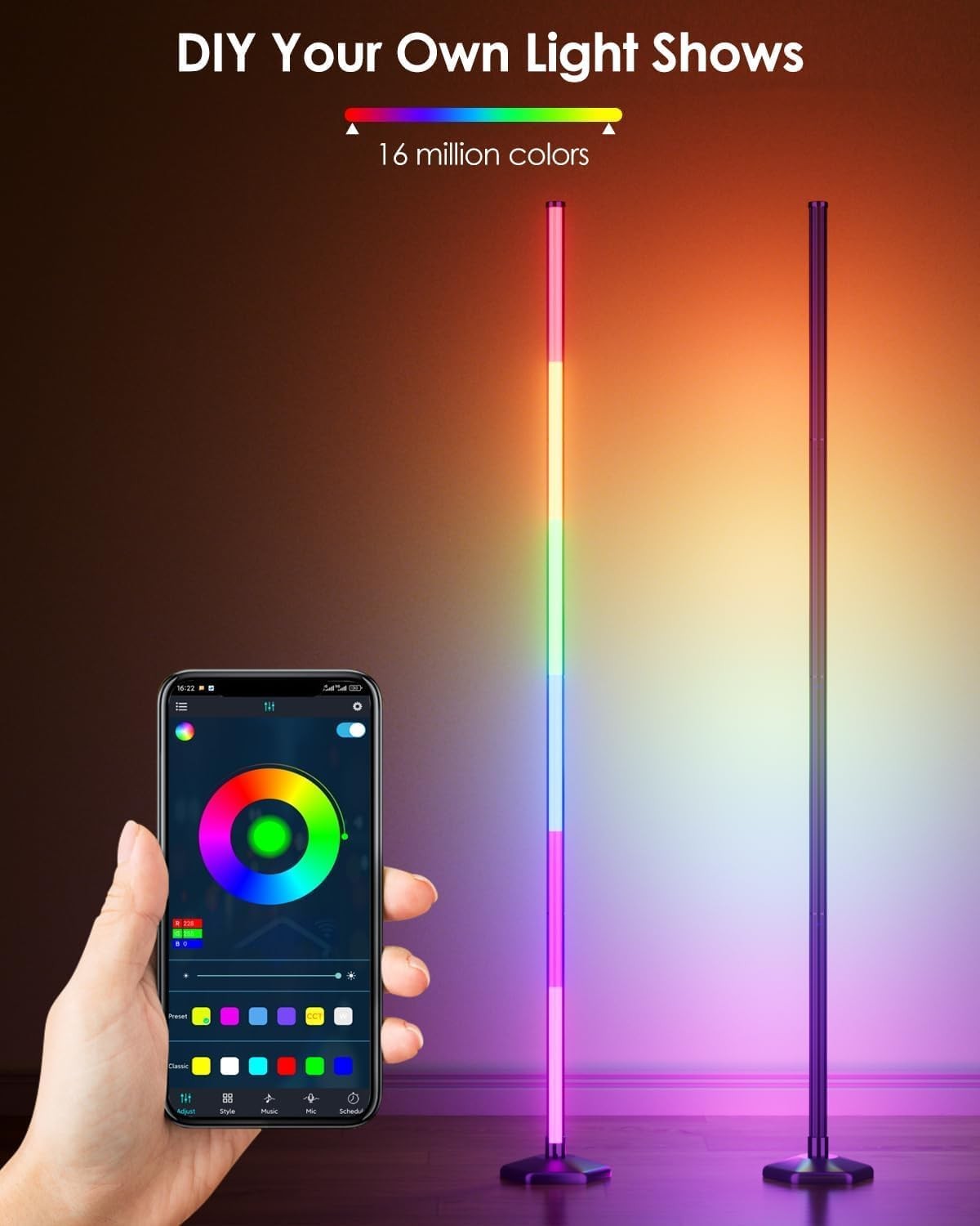 RGB LED Corner Floor Lamp 2 Pack App Remote Music Sync Ambient Light