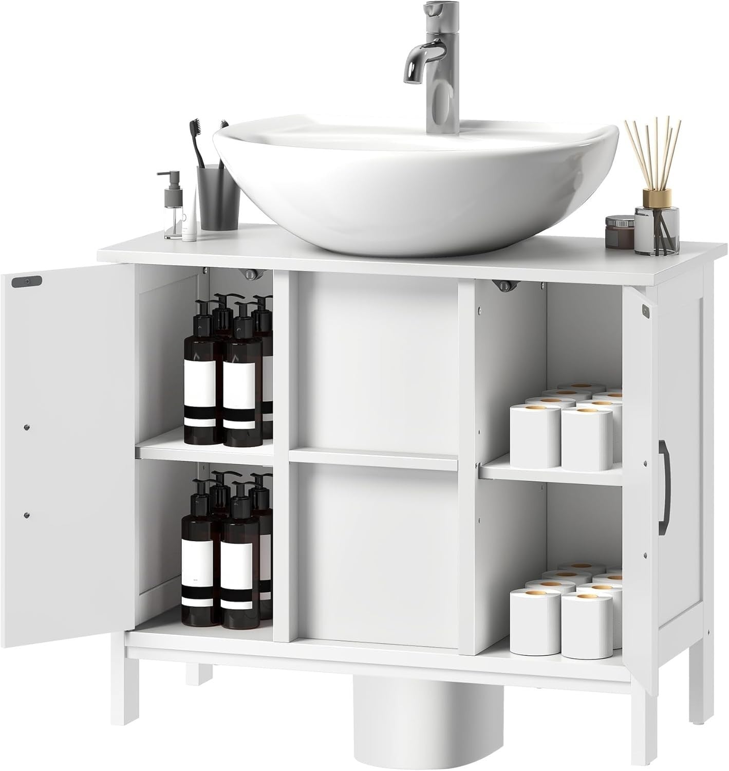 Under Sink Bathroom Cabinet White Storage Unit – 2 Doors, Slim Design, 70x30x60