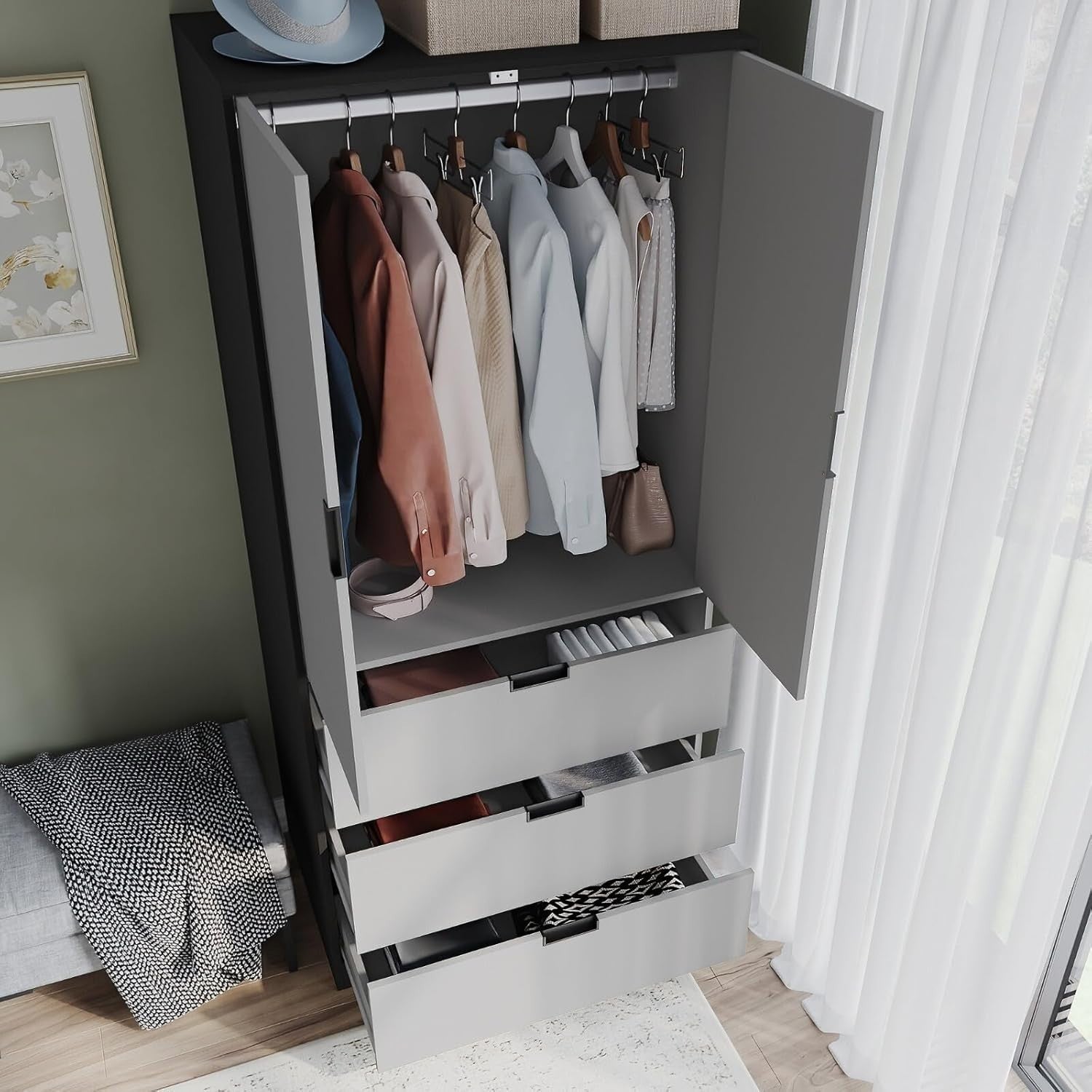 Grey 2 Door Wardrobe with Drawers & Hanging Rail Modern Storage Unit