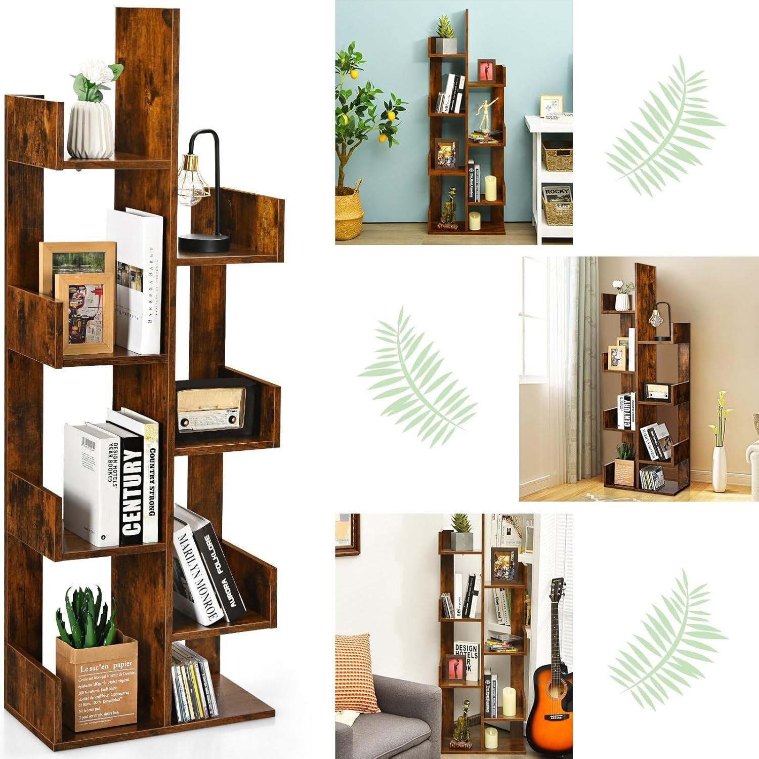 8-Tier Tree Bookshelf Free-Standing Storage Rack Modern Display Shelf Brown