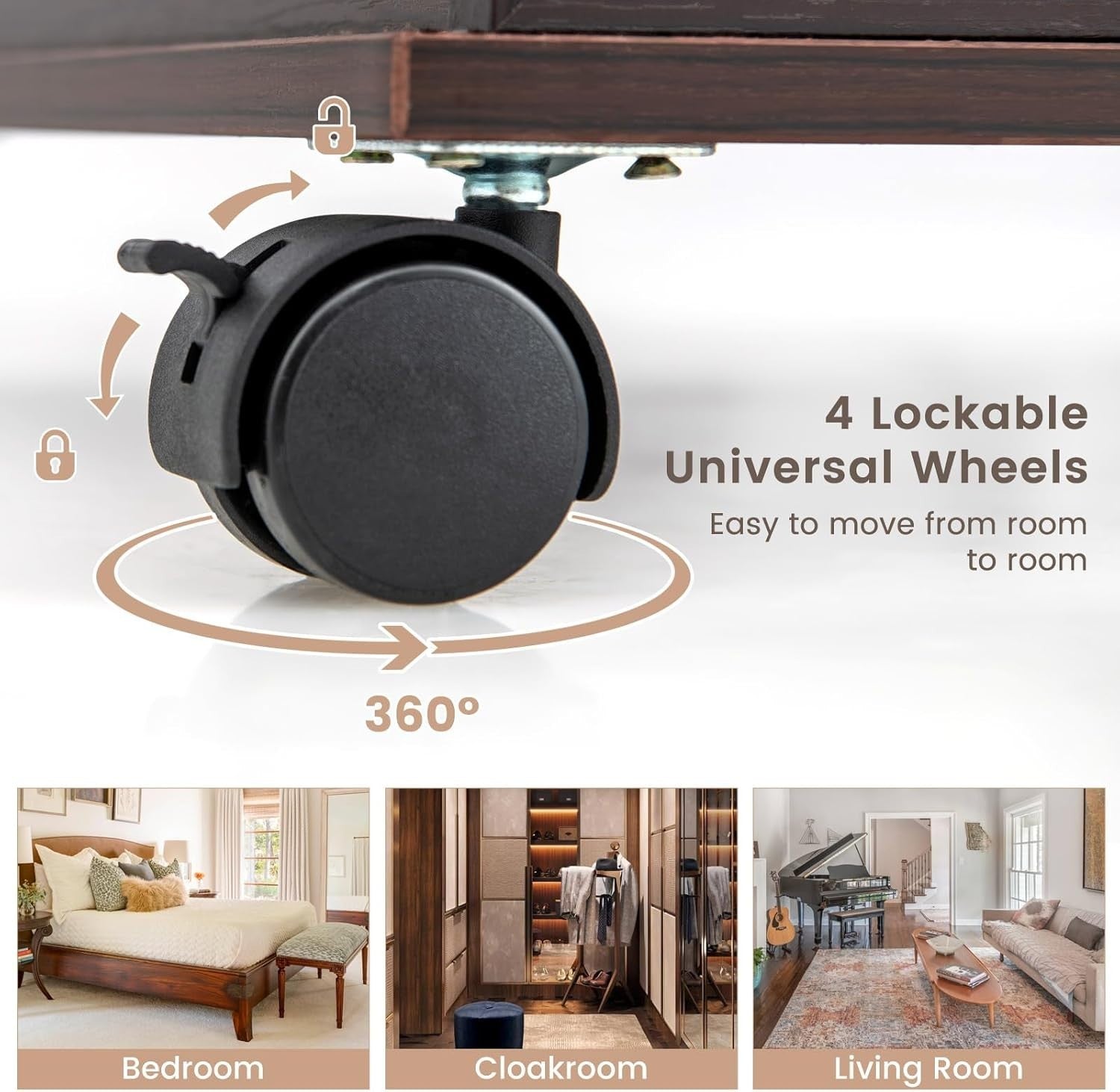 LED Standing Jewelry Armoire Lockable Mirror Cabinet with Wheels Coffee