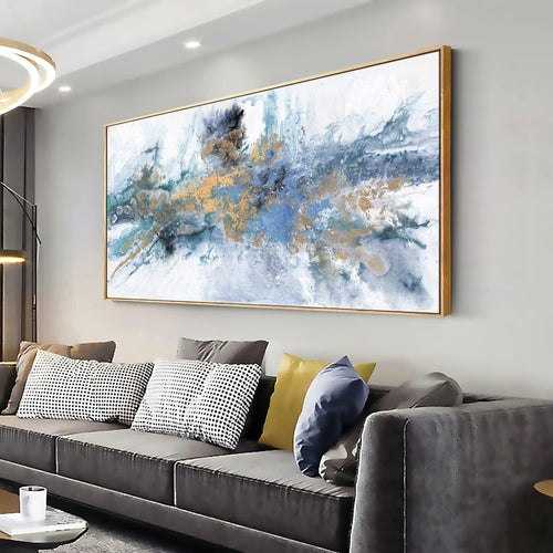 Large Abstract Wall Art Canvas – Navy Blue Yellow Modern Fantasy Print