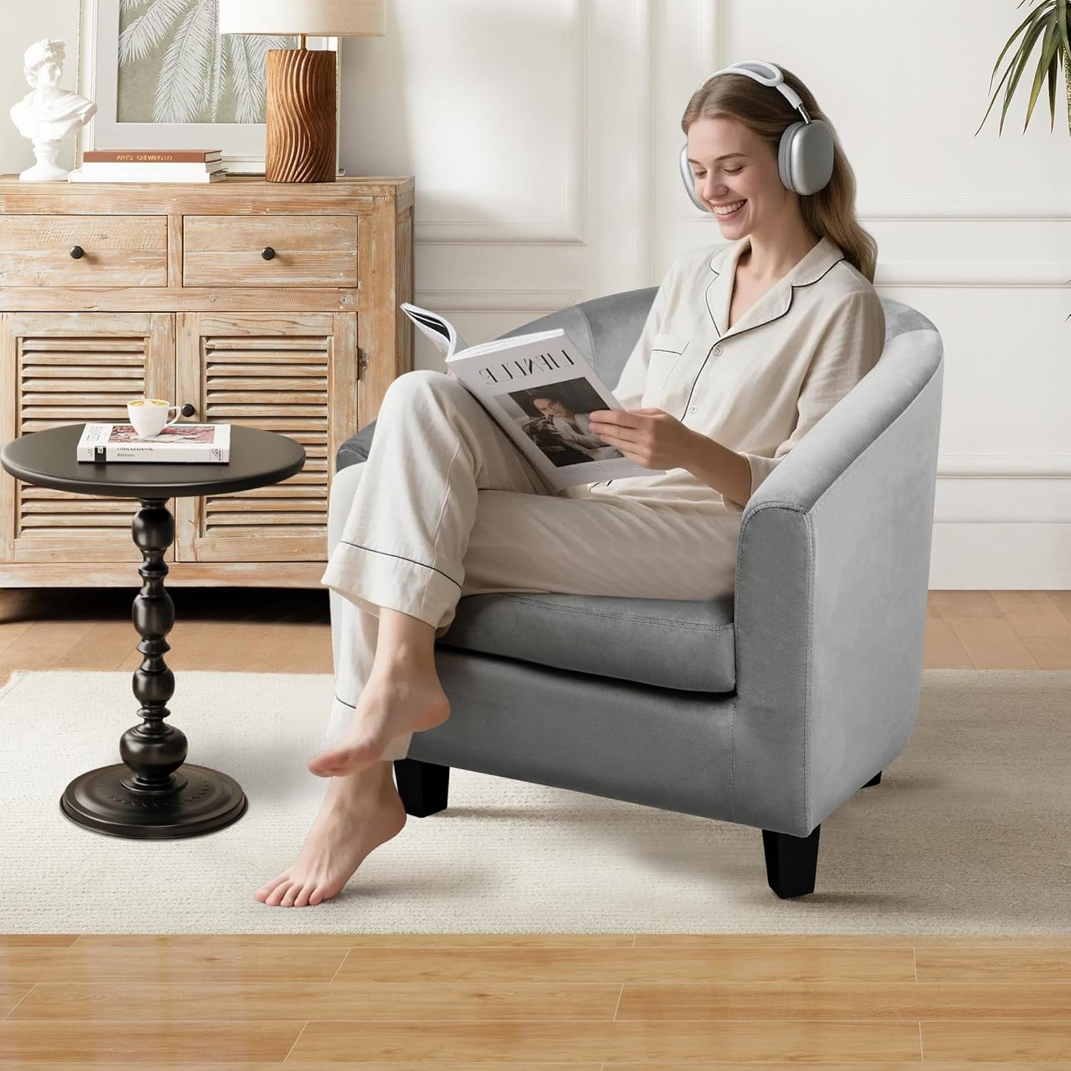 Velvet Tub Chair Accent Armchair Soft Foam Lounge Grey