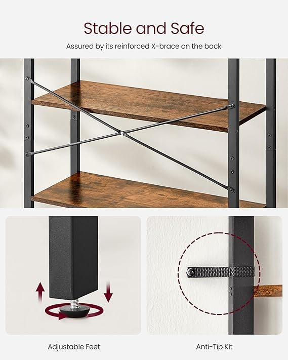 6 Tier Industrial Bookshelf Rustic Brown Storage Shelving Unit 30×80×186cm