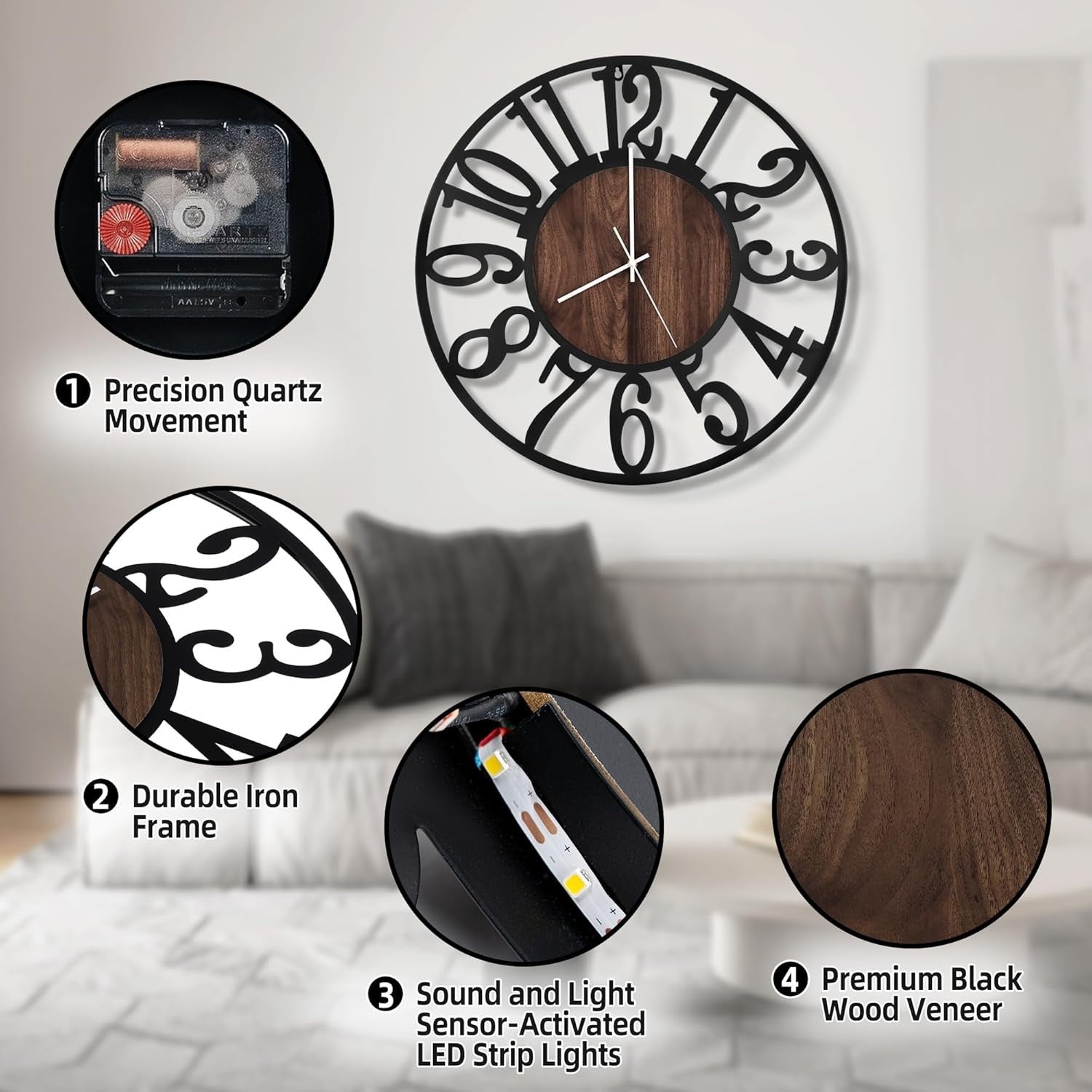 Large 50cm Silent Non-Ticking Wall Clock with LED Night Light for Home Decor