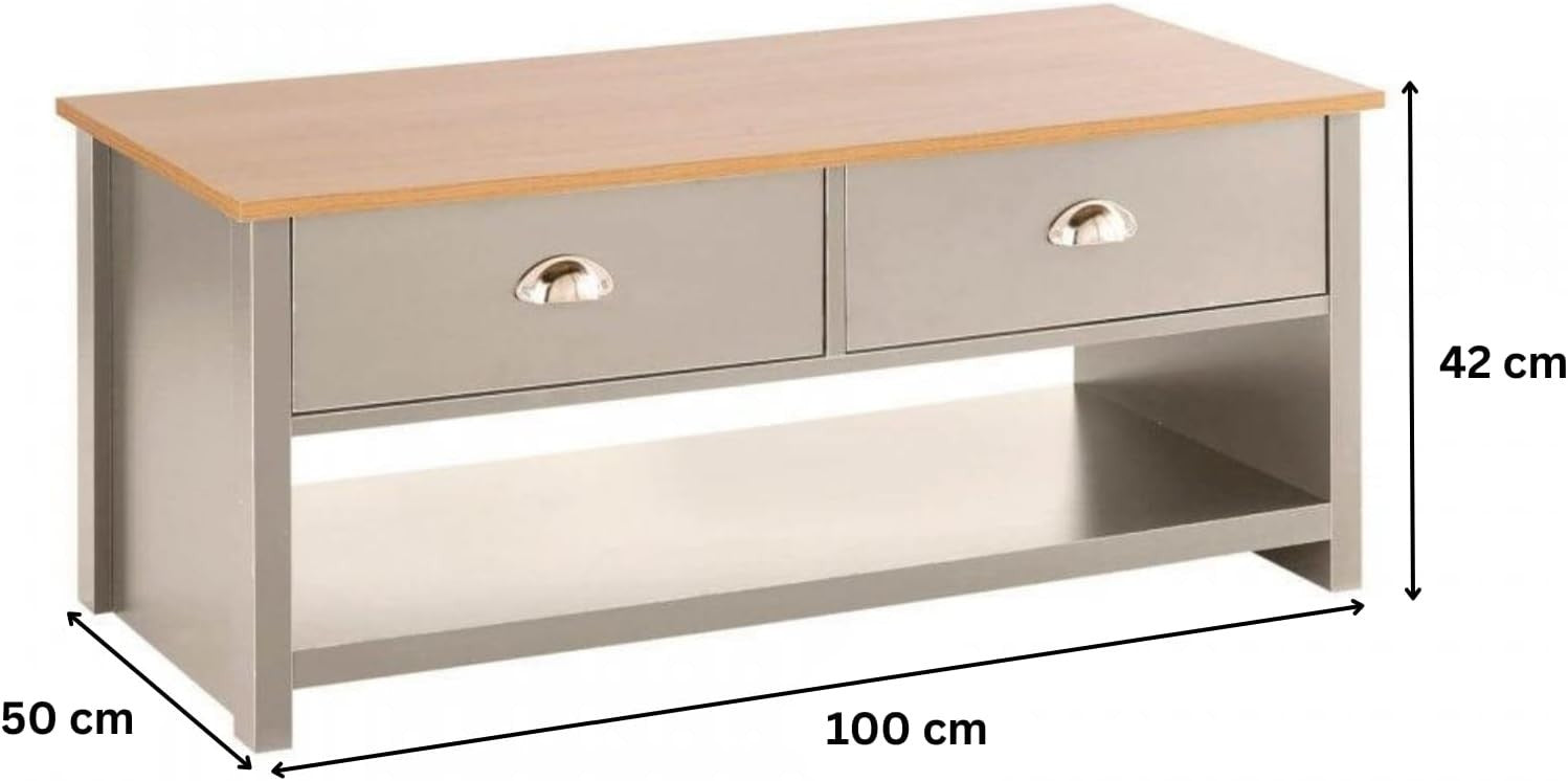 Modern Grey Coffee Table with Oak Effect Top & 2 Drawers Storage 100cm