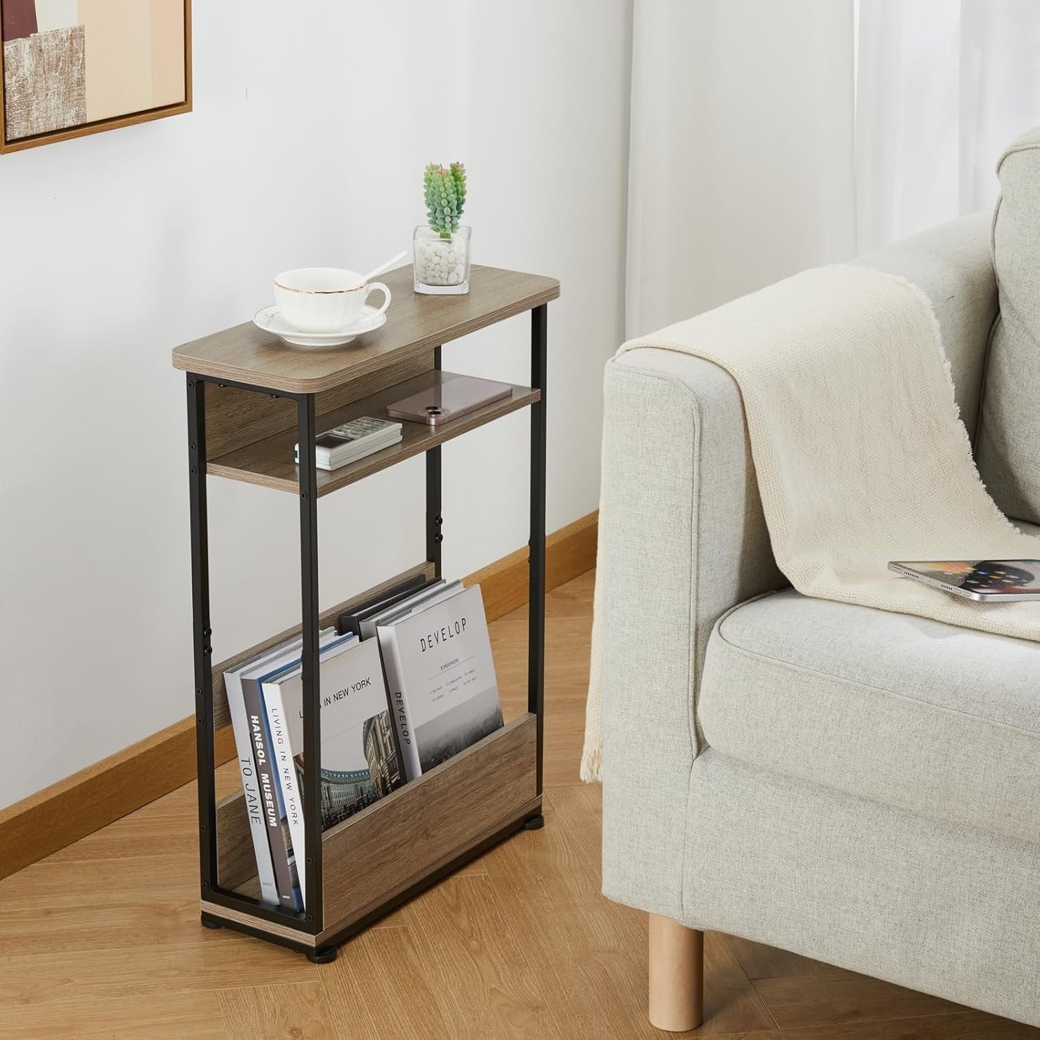Vintage 3-Tier Narrow Side Table with Storage Shelf, Slim Nightstand for Small S