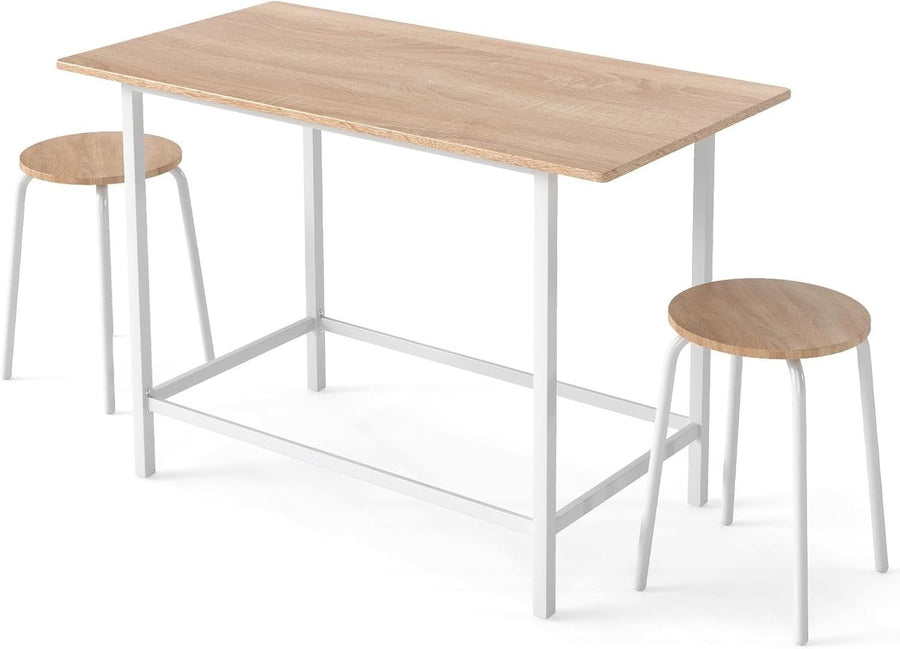 3-Piece Dining Bar Table Set with 2 Stools Wooden Top Metal Frame White Home