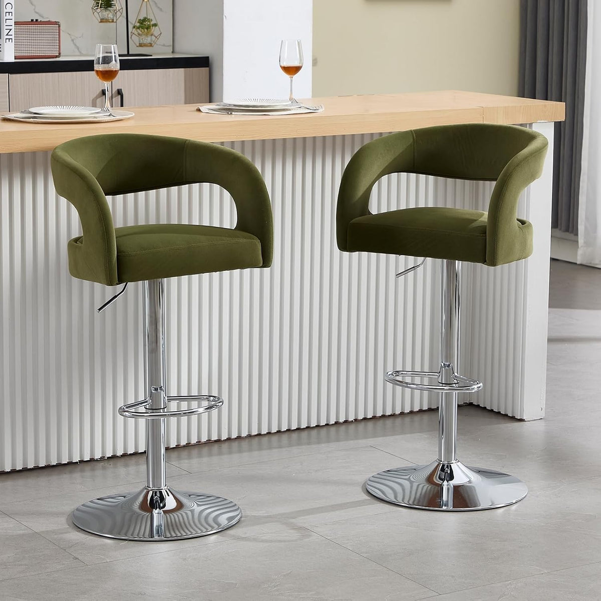 Adjustable Green-2Velvet Bar Stools Set of 2 Swivel Kitchen Counter