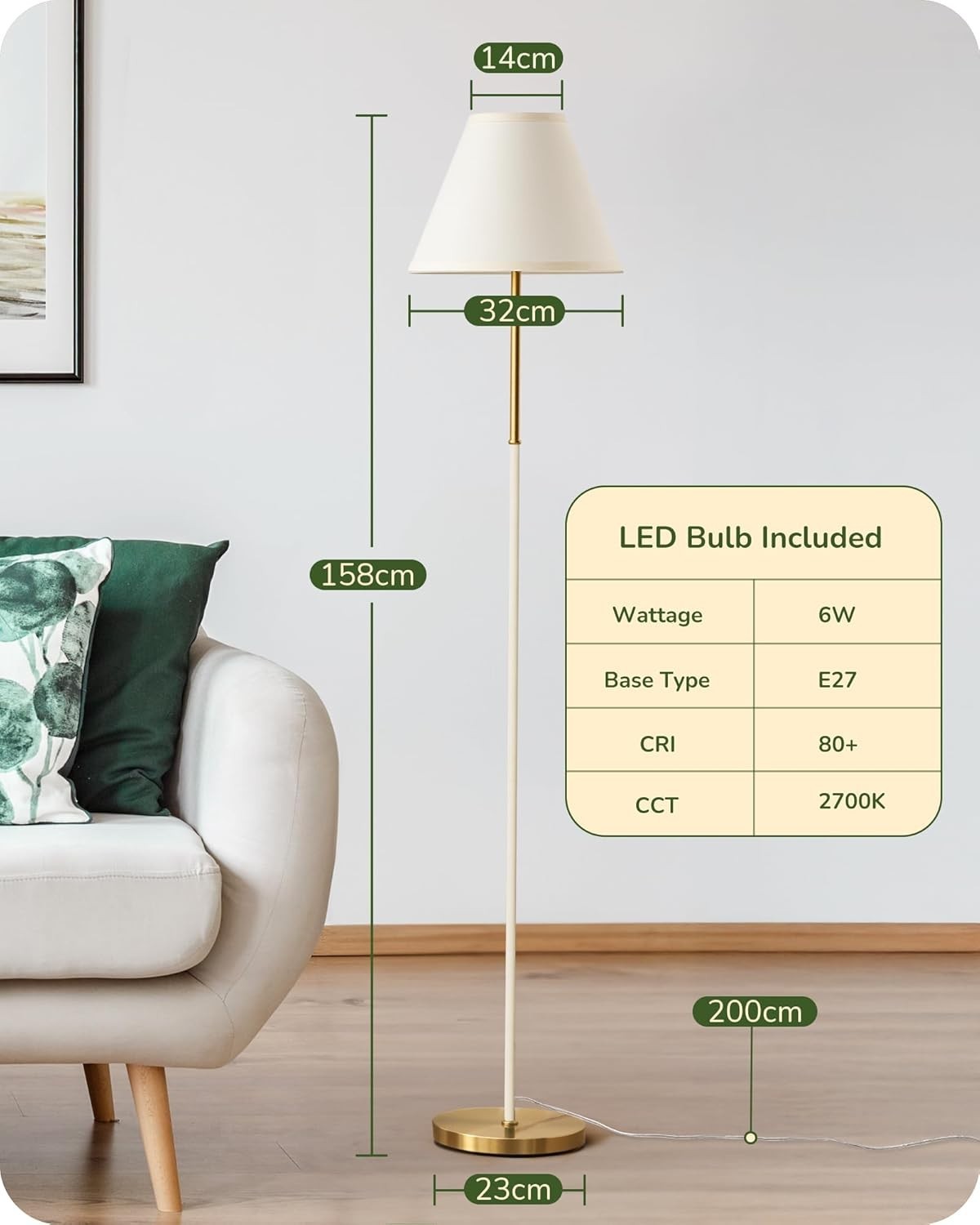 Vintage Cream White Floor Lamp Tall LED Standing Light Linen Shade 2700K