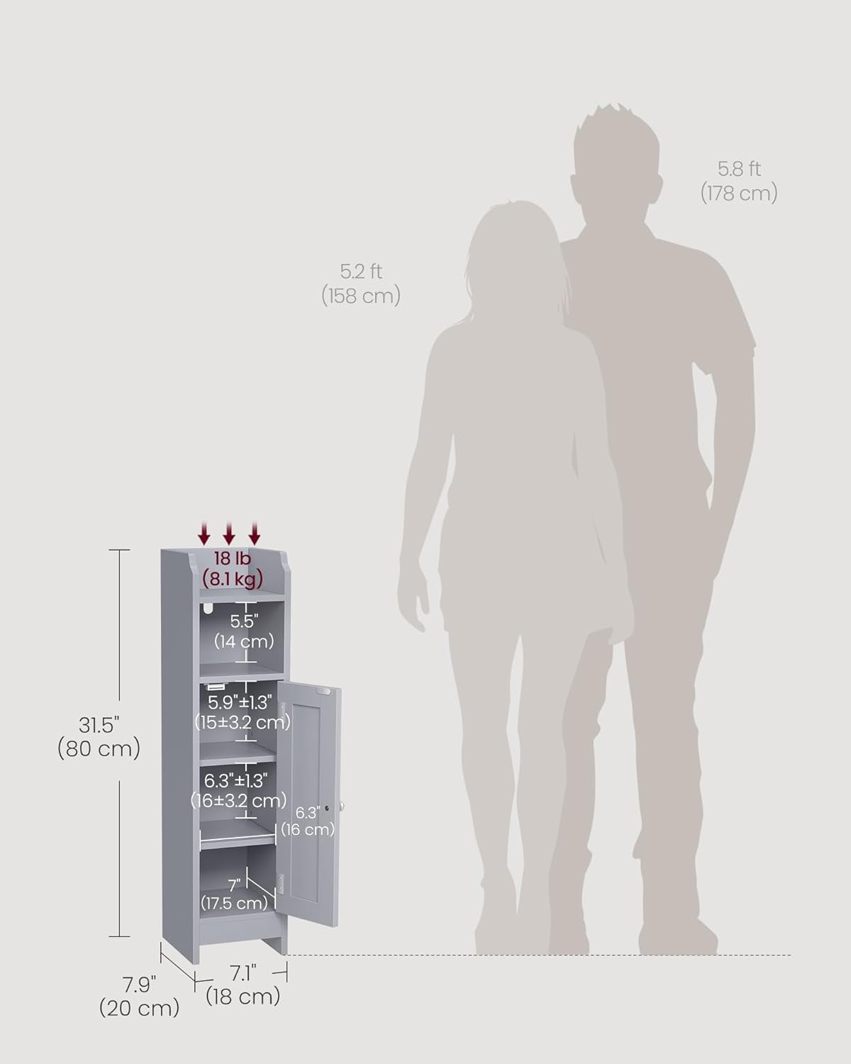 Slim Dove Grey Bathroom Storage Cabinet with Door, Adjustable Shelf & Narrow Des