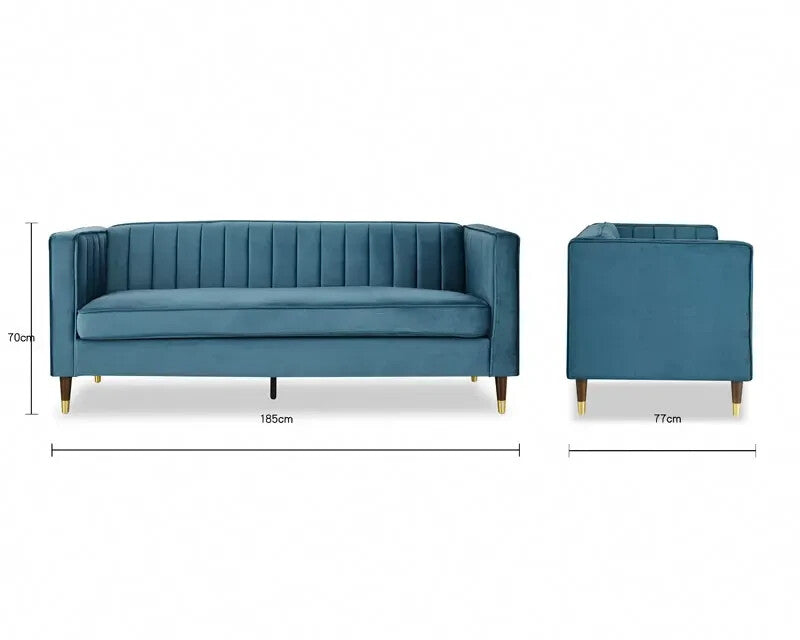 3 Seater Blue Velvet Sofa Ribbed Back UKFR Luxury Lounge Couch Modern