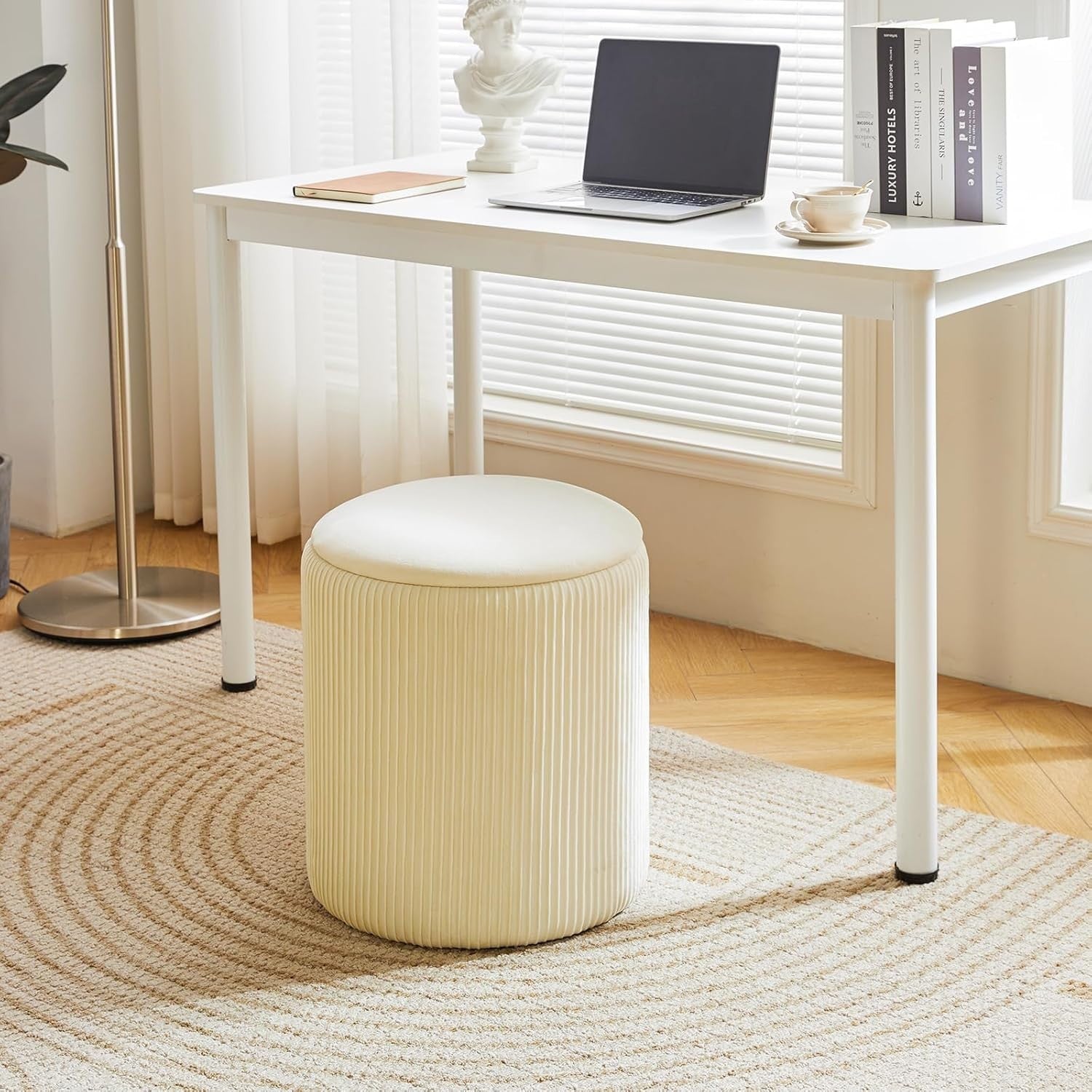 White Velvet Storage Ottoman Set of 2 – Round Vanity Stools & Side Tables