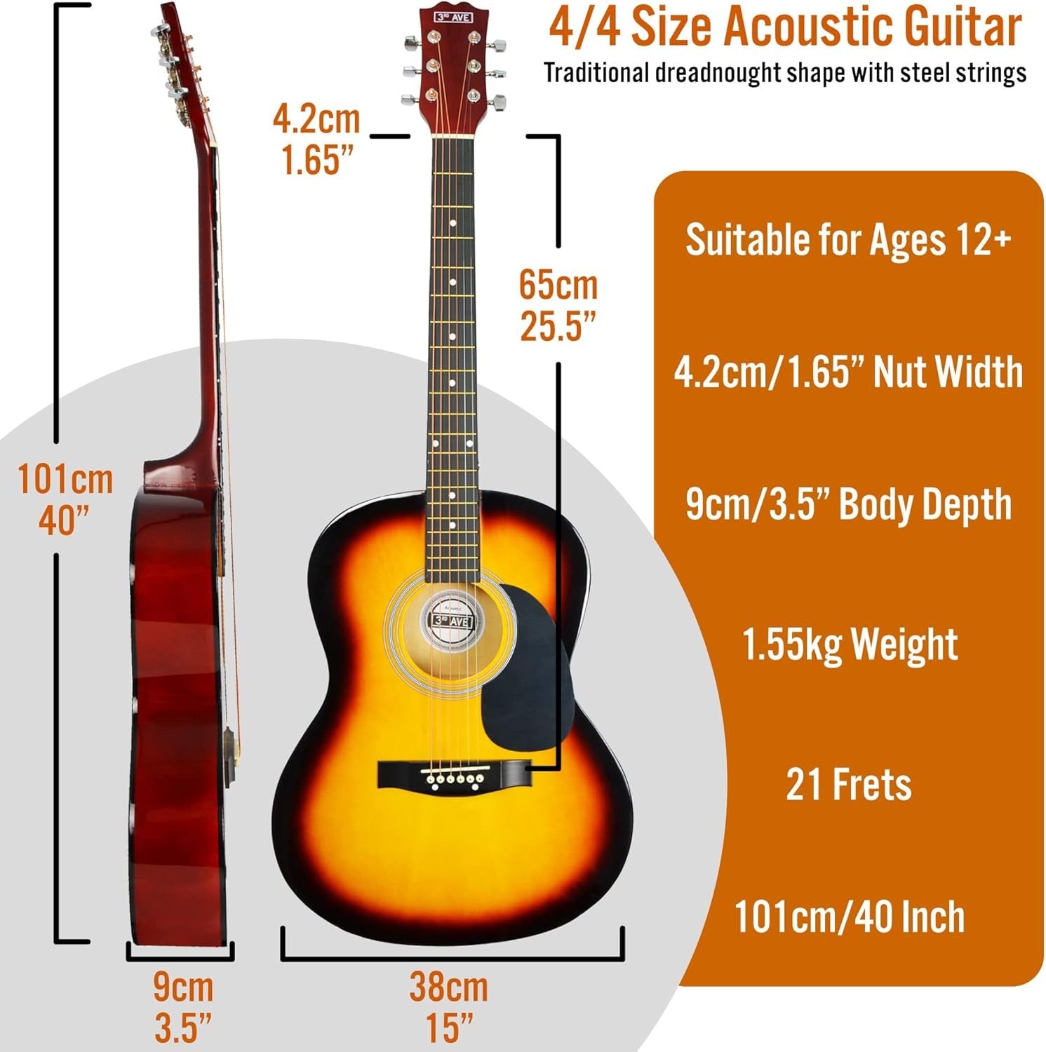 Full Size 4/4 Acoustic Guitar Starter Pack Steel String Sunburst