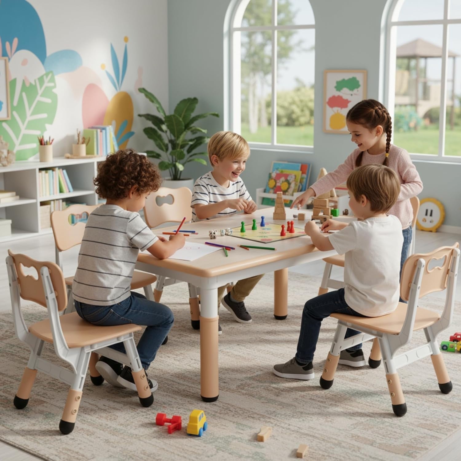 Kids Table and 4 Chairs Set Adjustable Height Durable Plastic Kids Furniture Yel