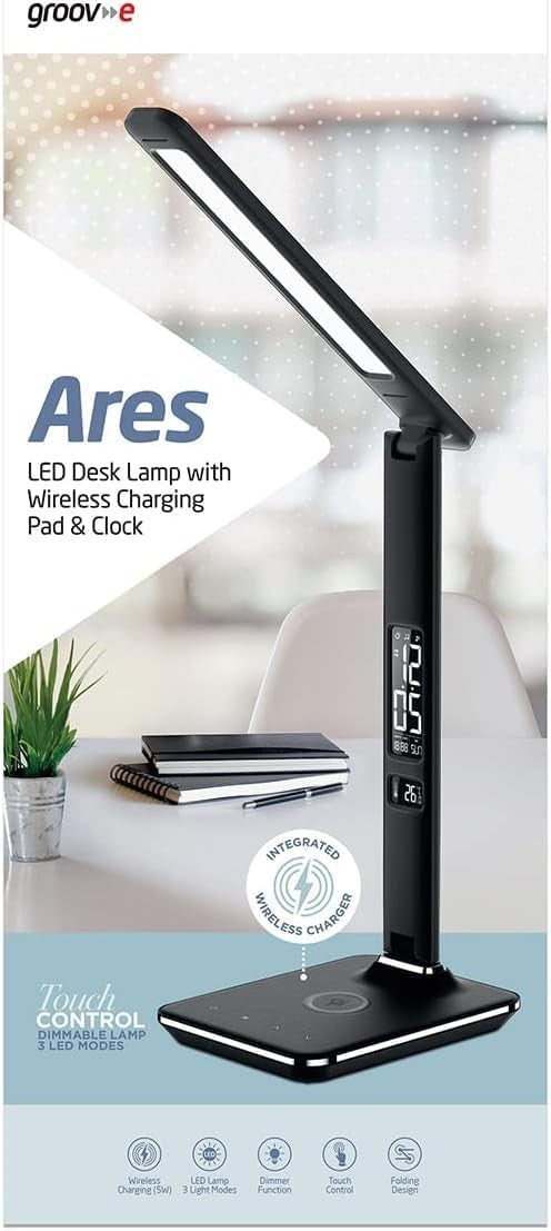 LED Desk Lamp Touch Control Wireless Charger Alarm Clock Foldable Black