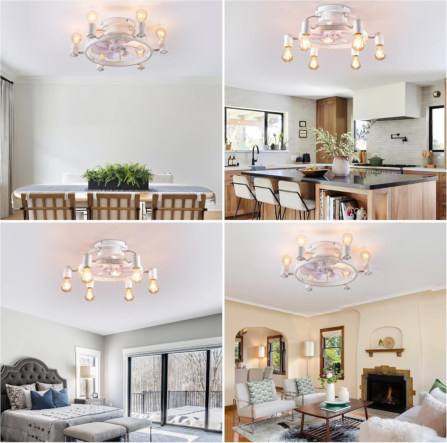 52CM Ceiling Fan Light, 6 Lights, Remote, Flush Mount Industrial Design, White