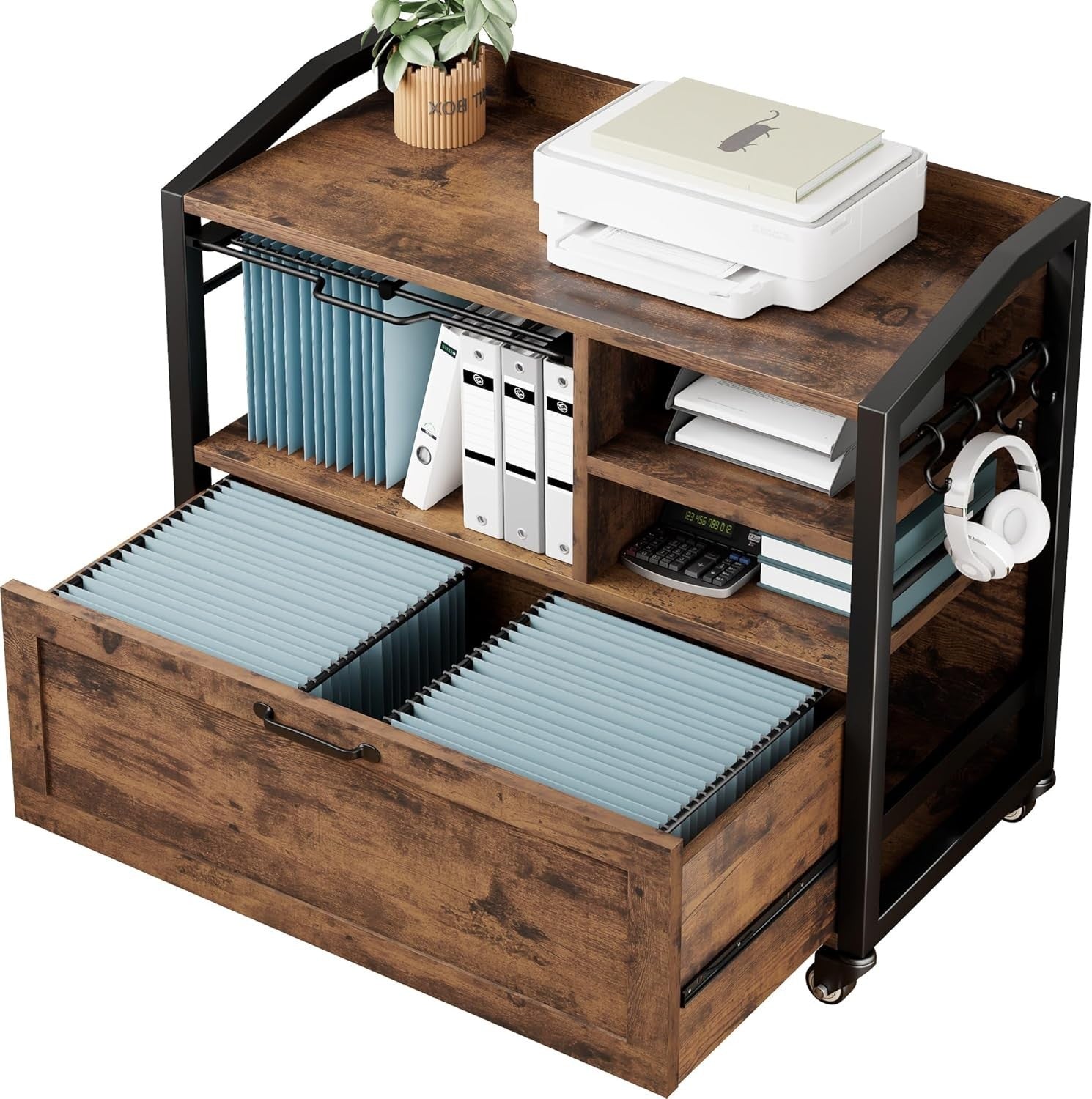 Rustic Brown Rolling Lateral File Cabinet Printer Stand Legal Letter