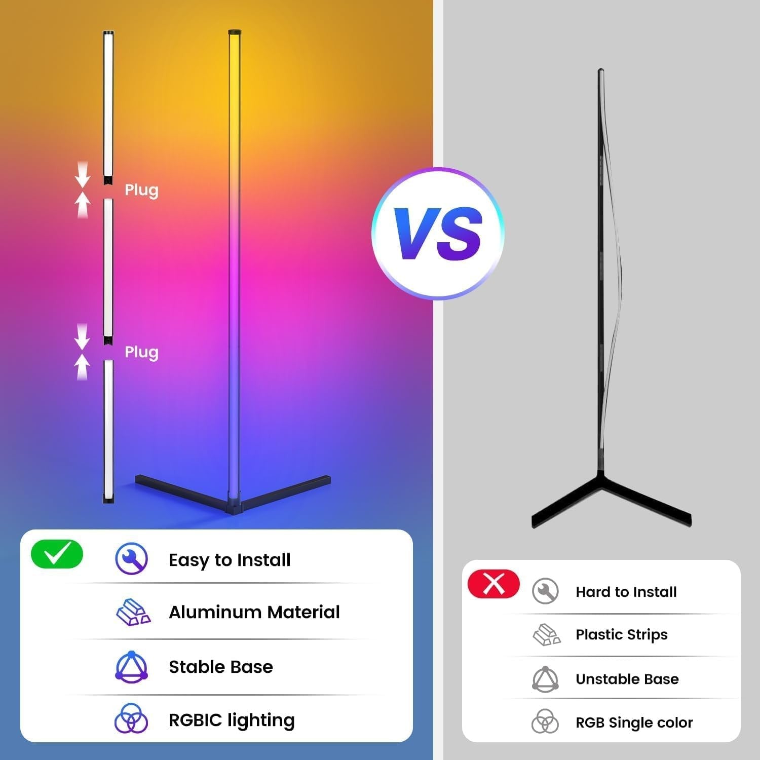 Smart RGB Corner Floor Lamp 165cm App Remote Music Sync LED Mood Light