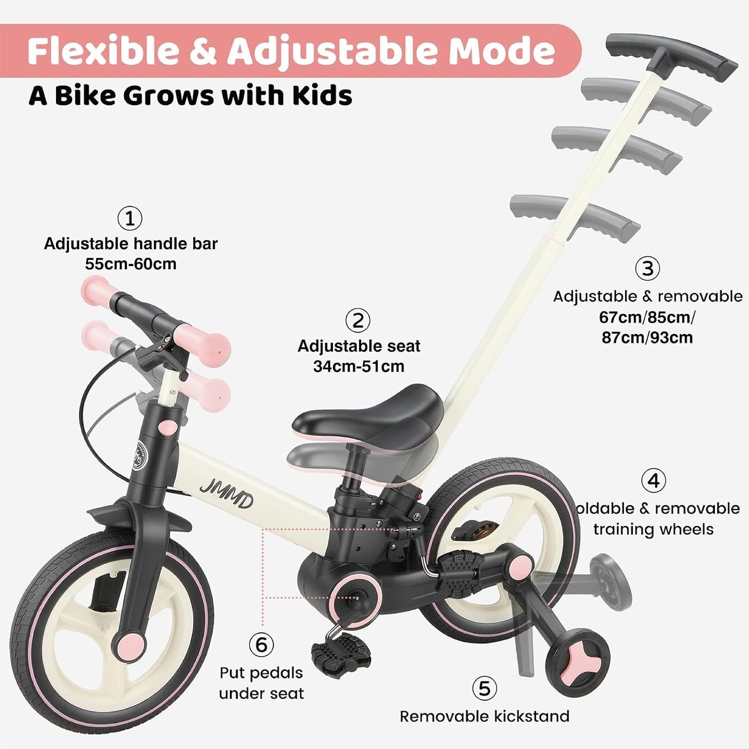 6 in 1 Toddler Bike Balance Pedal Bike Training Wheels Push Handle Pink