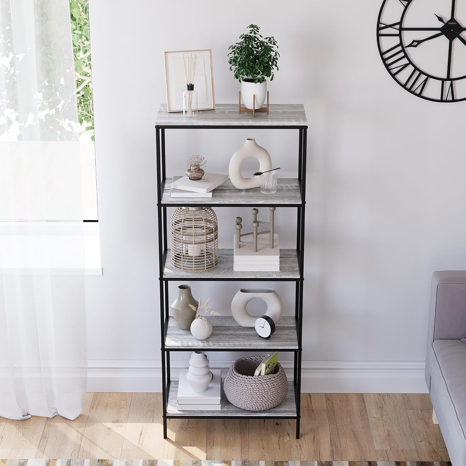 5-Tier Industrial Bookcase Black Metal Frame Wooden Shelving Display Unit