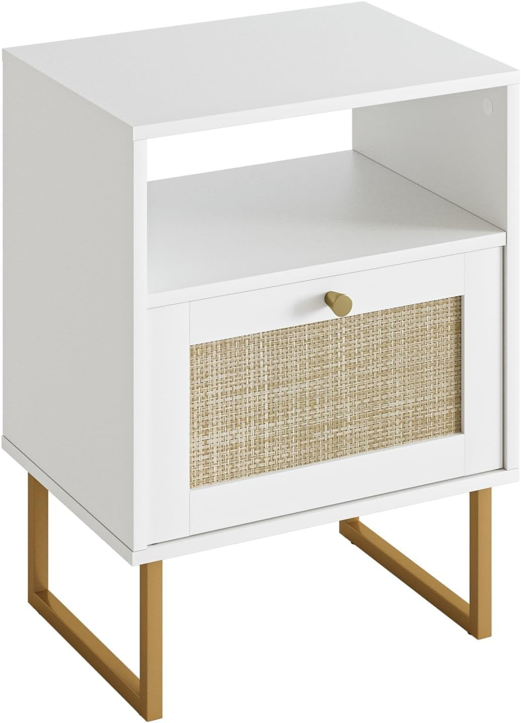Modern Rattan Bedside Table with Drawer & Shelf – Boho White Wood Nightstand