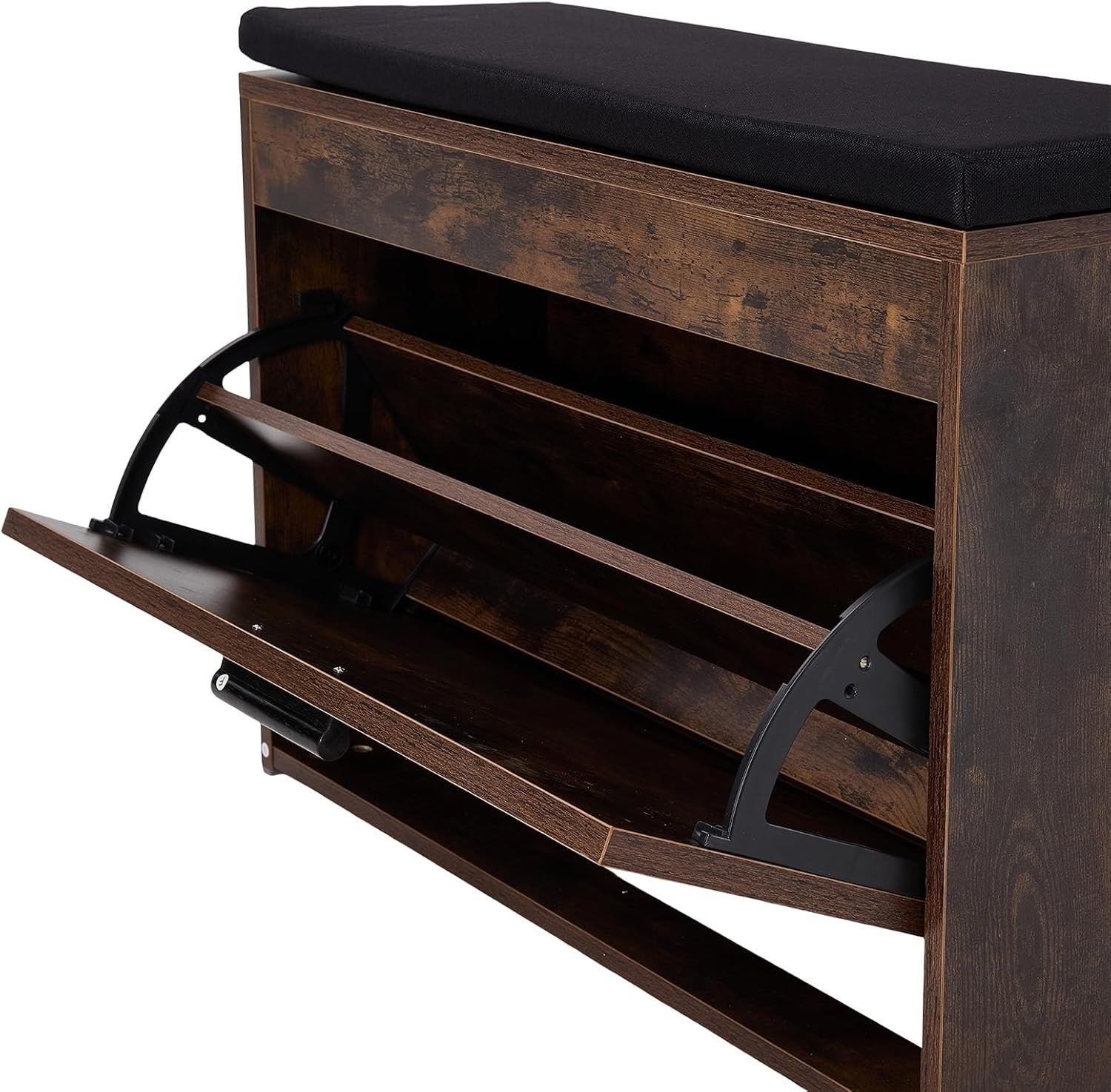 Rustic Brown Shoe Storage Bench with Flip Drawer & Cushioned Seat, 74x24x51 cm