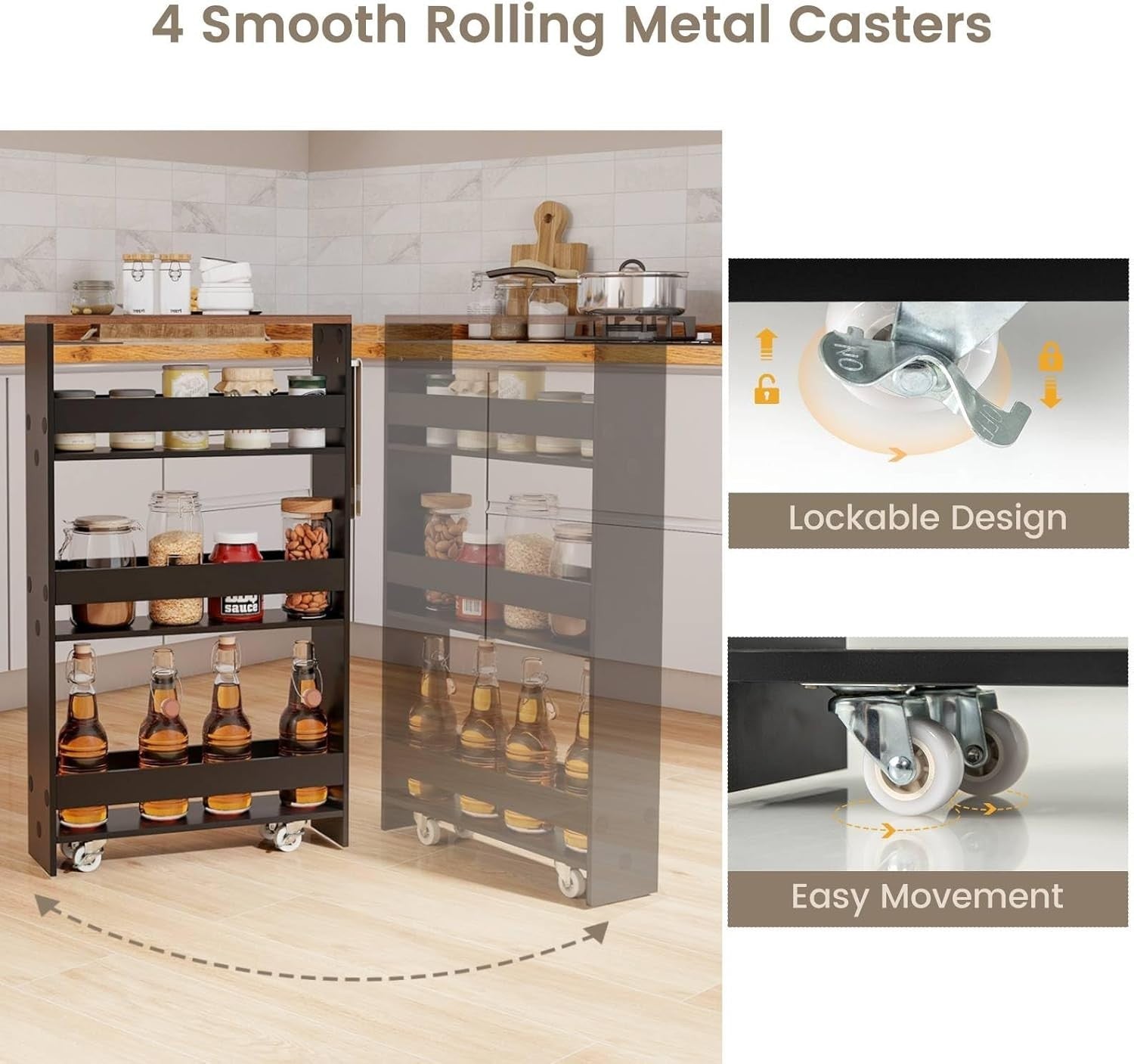 4 Tier Slim Kitchen Storage Trolley Rolling Cart Black Brown Narrow