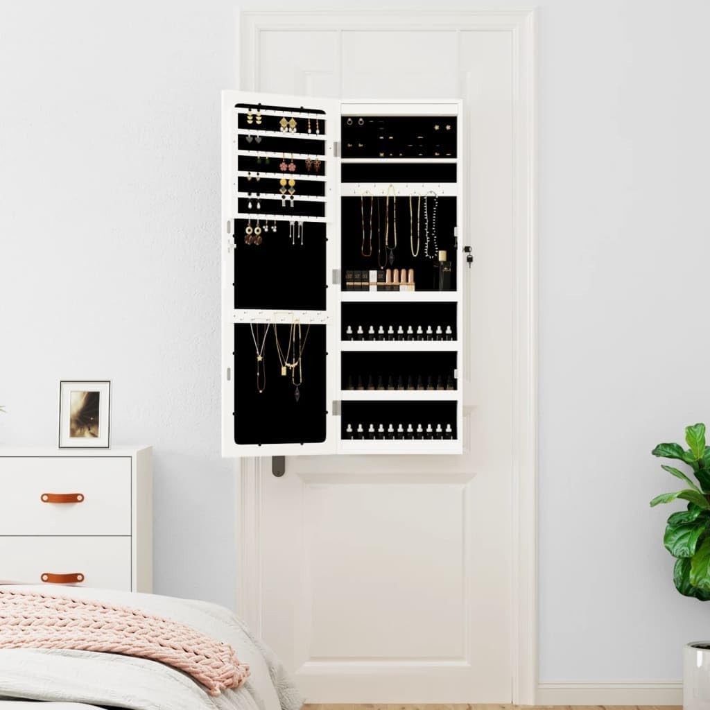 Tall LED Wall Jewelry Cabinet Frameless Mirror Lockable Storage White