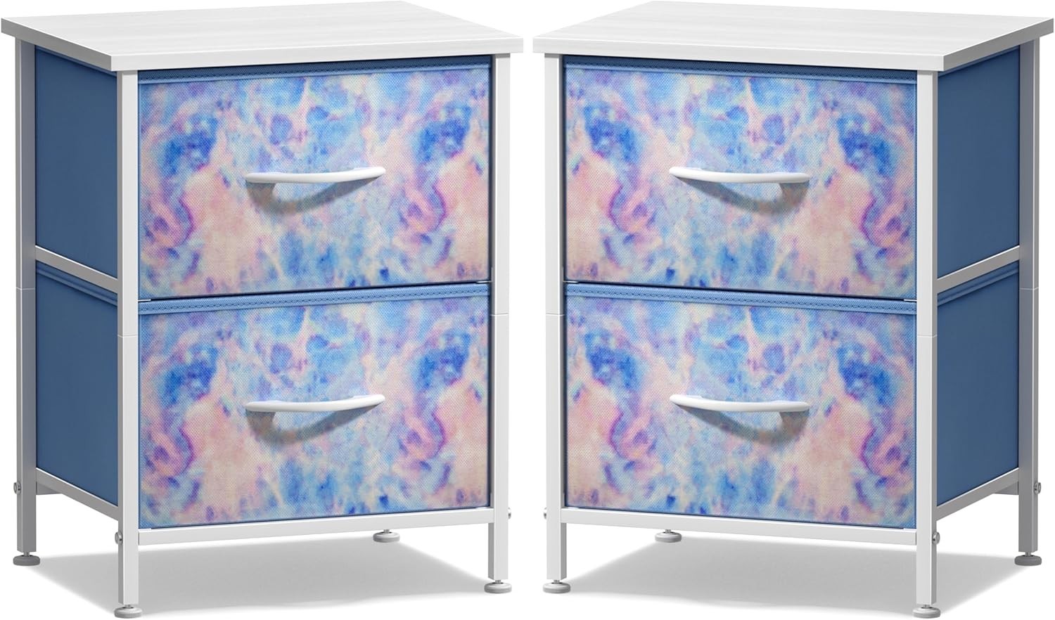 2x Kids 2-Drawer Nightstand Fabric Storage Chest Bedside Table Blue Tie-Dye