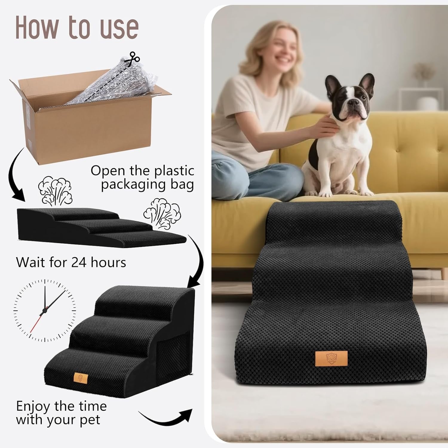 Black 3 Step Dog Ramp Stairs Non Slip Foam 60x40x40cm