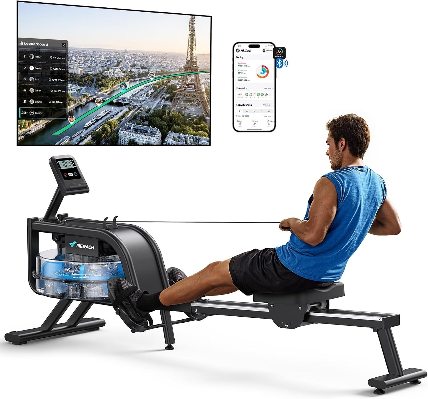 Water Rowing Machine 6-Level Resistance Quiet Steel Frame App Compatible