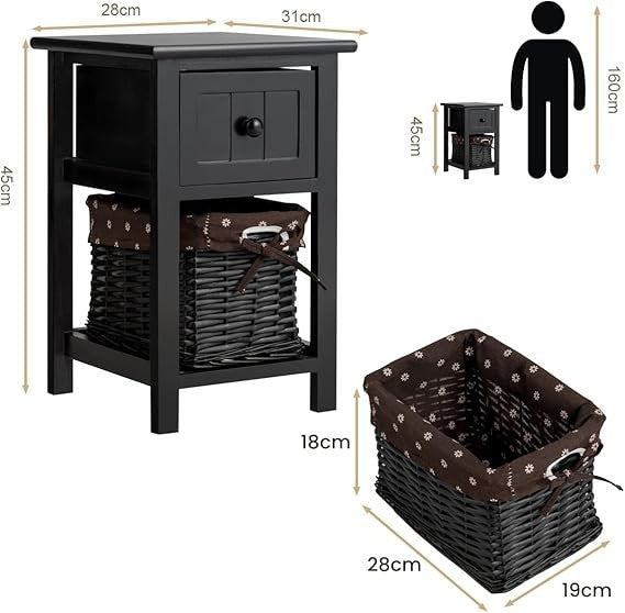 Slim Black Bedside Tables Set of 2 with Drawer & Wicker Basket Storage Modern