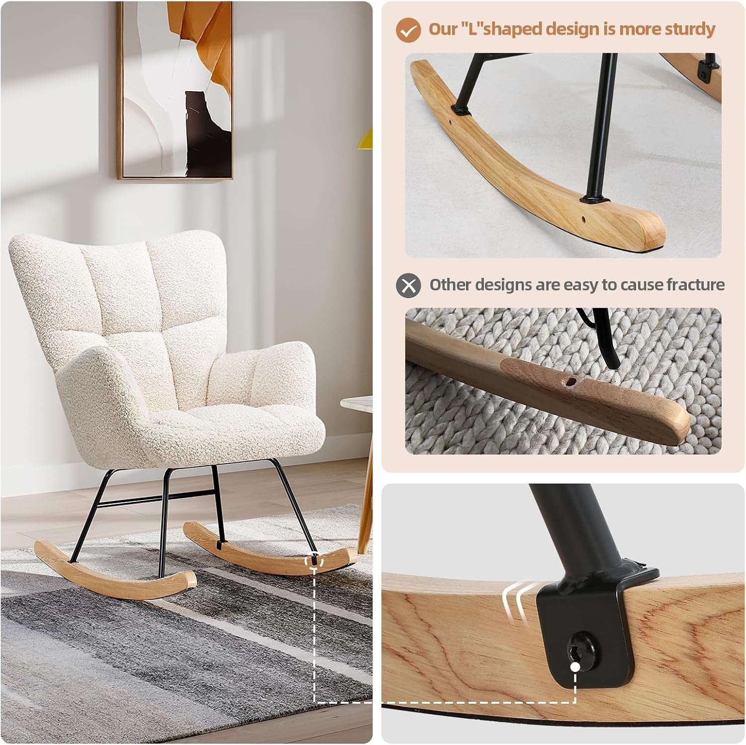 Ivory Rocking Chair Teddy Fabric Comfy Armchair for Nursery Lounge Relax
