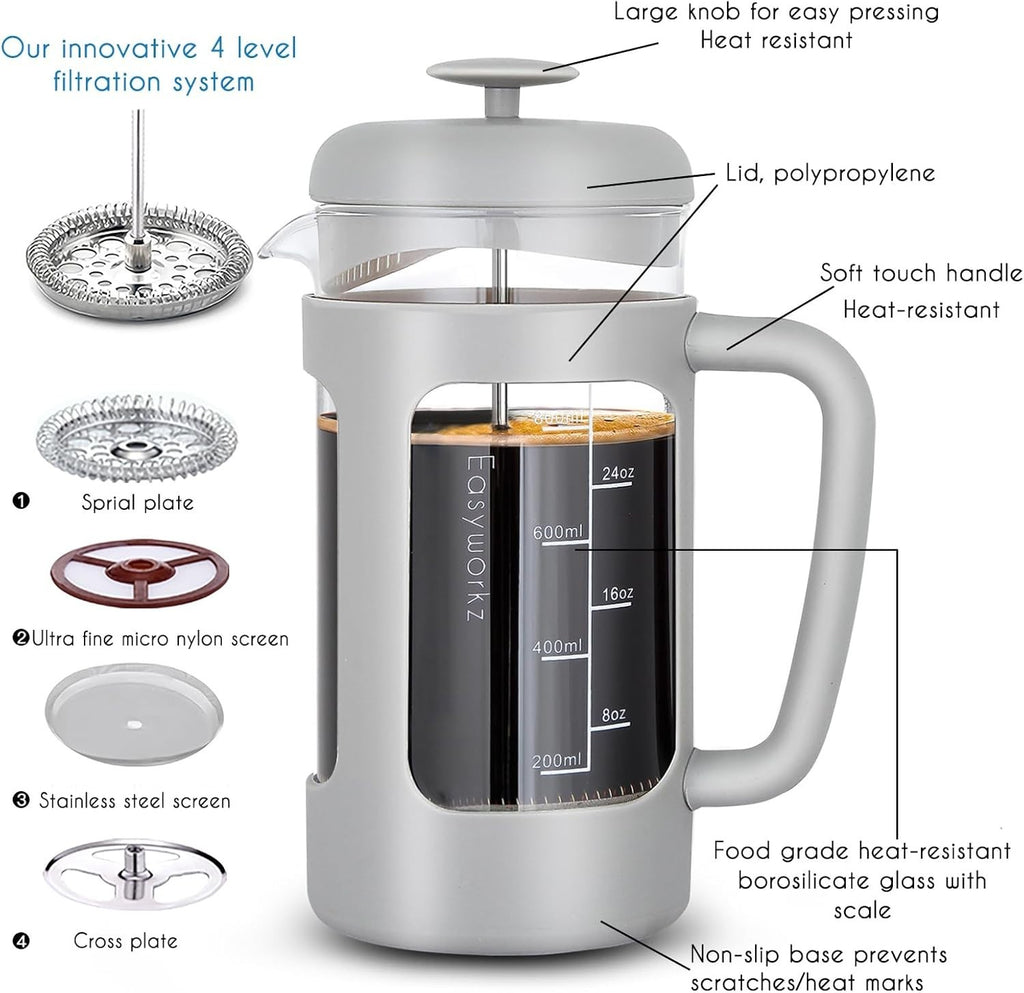 1000ml French Press Coffee Maker Borosilicate Glass Heat-Resistant Soft Grip
