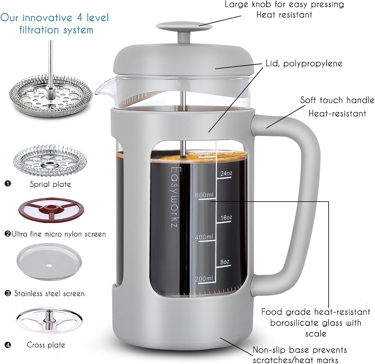 1000ml French Press Coffee Maker Borosilicate Glass Heat-Resistant Soft Grip