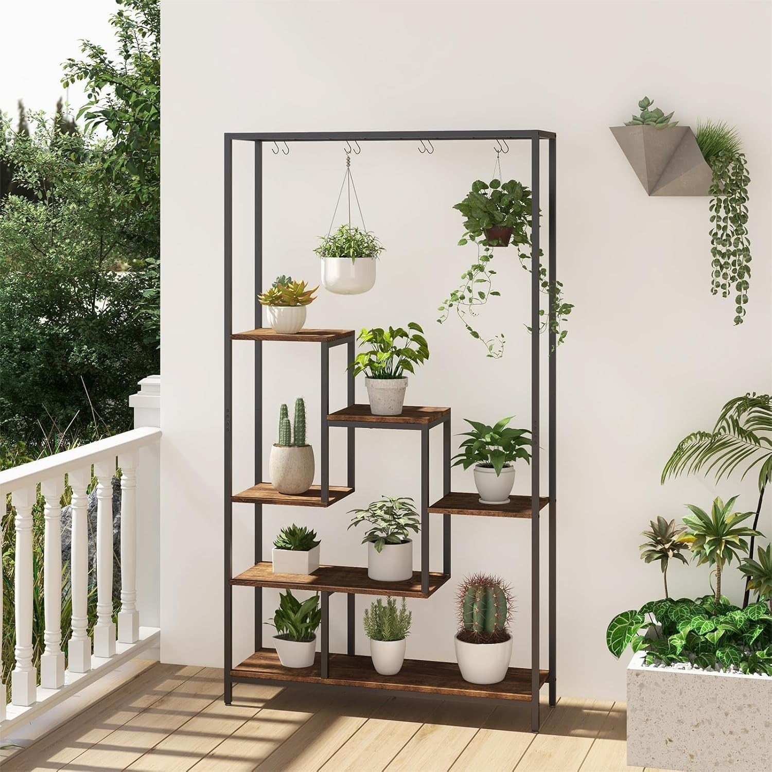 6 Tier Metal Plant Stand Rustic Brown Tall Flower Shelf with Hooks for Indoor De