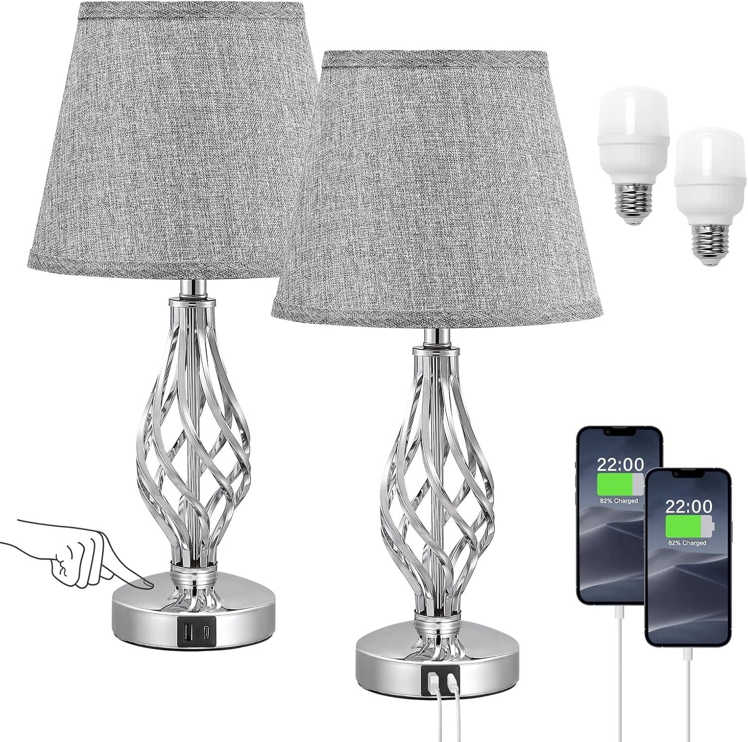Touch Bedside Lamps Set of 2 USB Charging 3-Way Dimmable Grey Shades